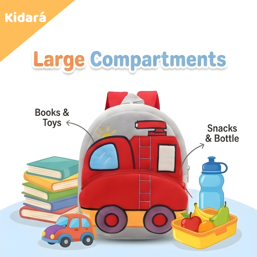 Kidara Fire Truck School Backpack for Toddlers (2-5 Years) – Plush 3D Rescue Vehicle Bag