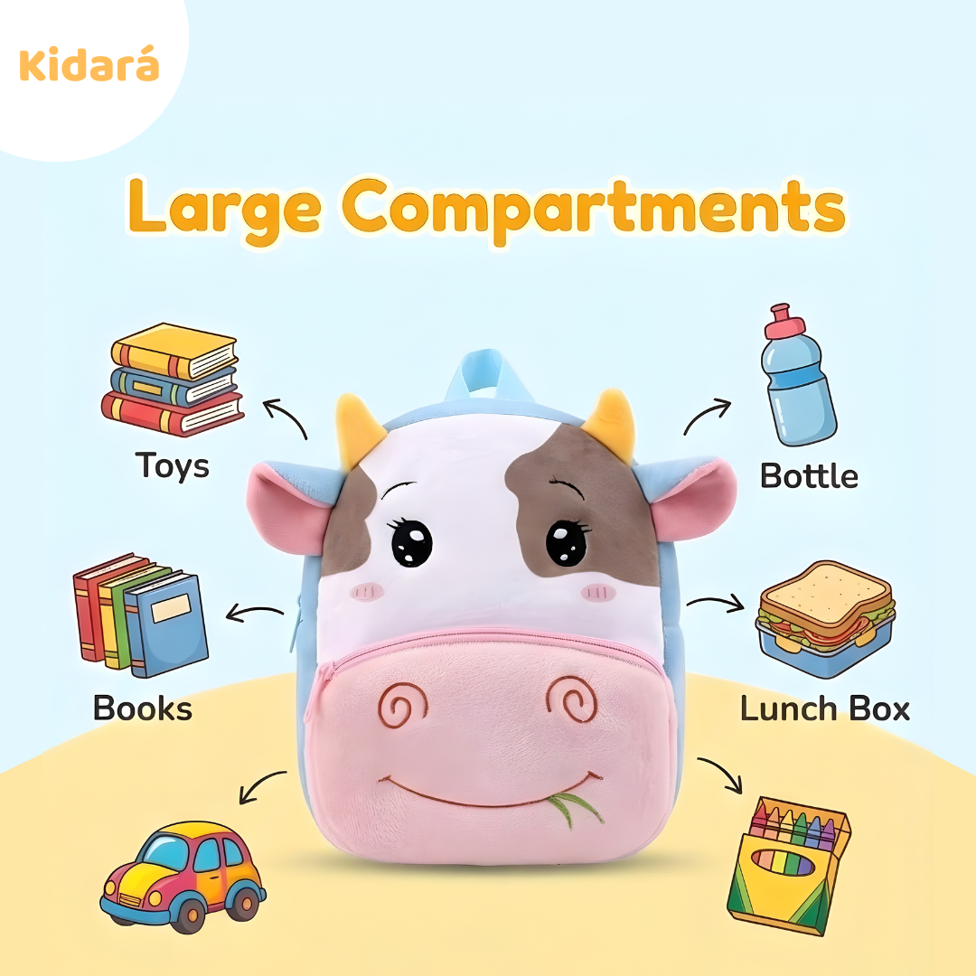 Kidara Preschool Soft Plush Cow Backpack for Toddlers (1-5 Years) – Mini Travel Full Embroidery Bag
