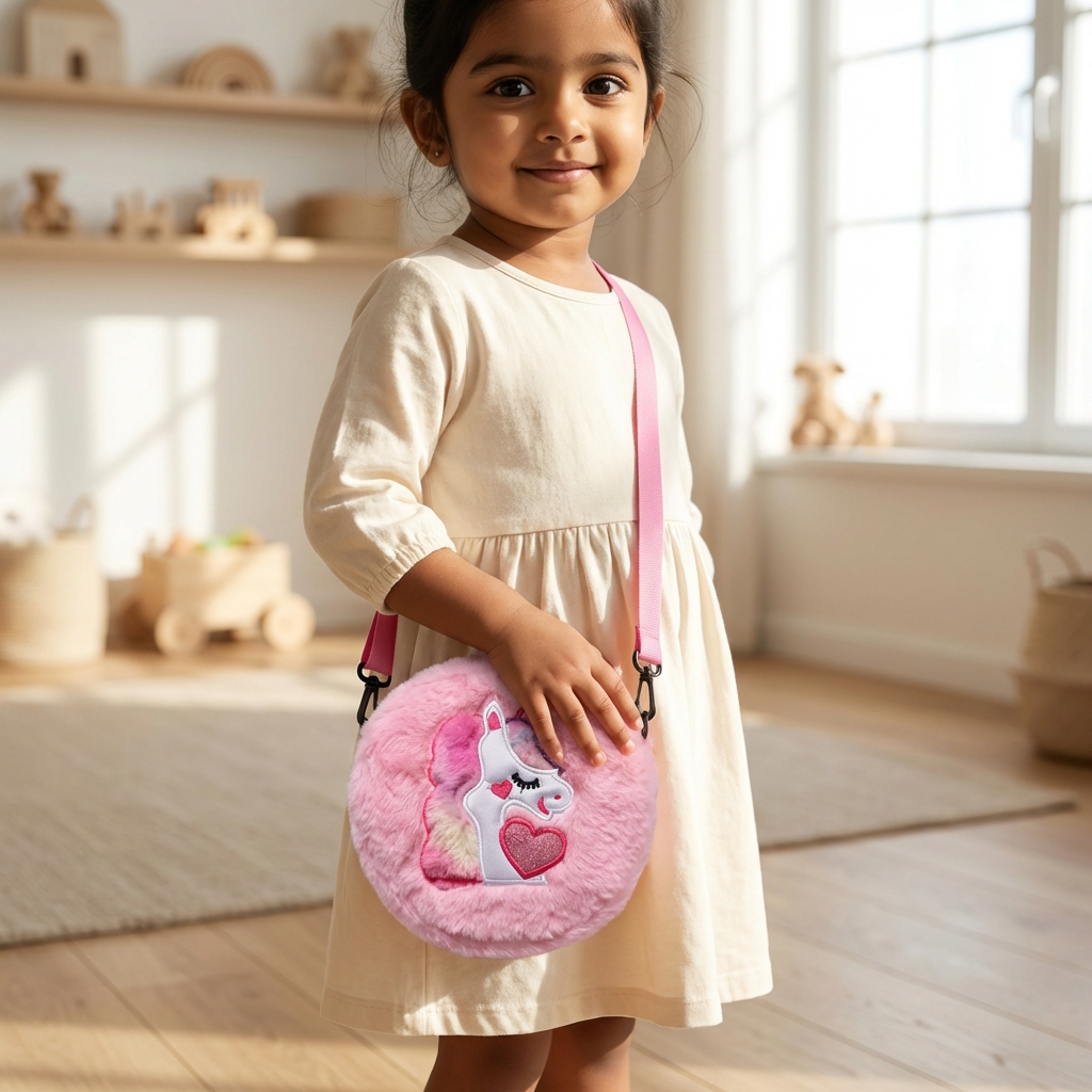 Kidara Unicorn Fur CrossBody Round Bag (Pink)