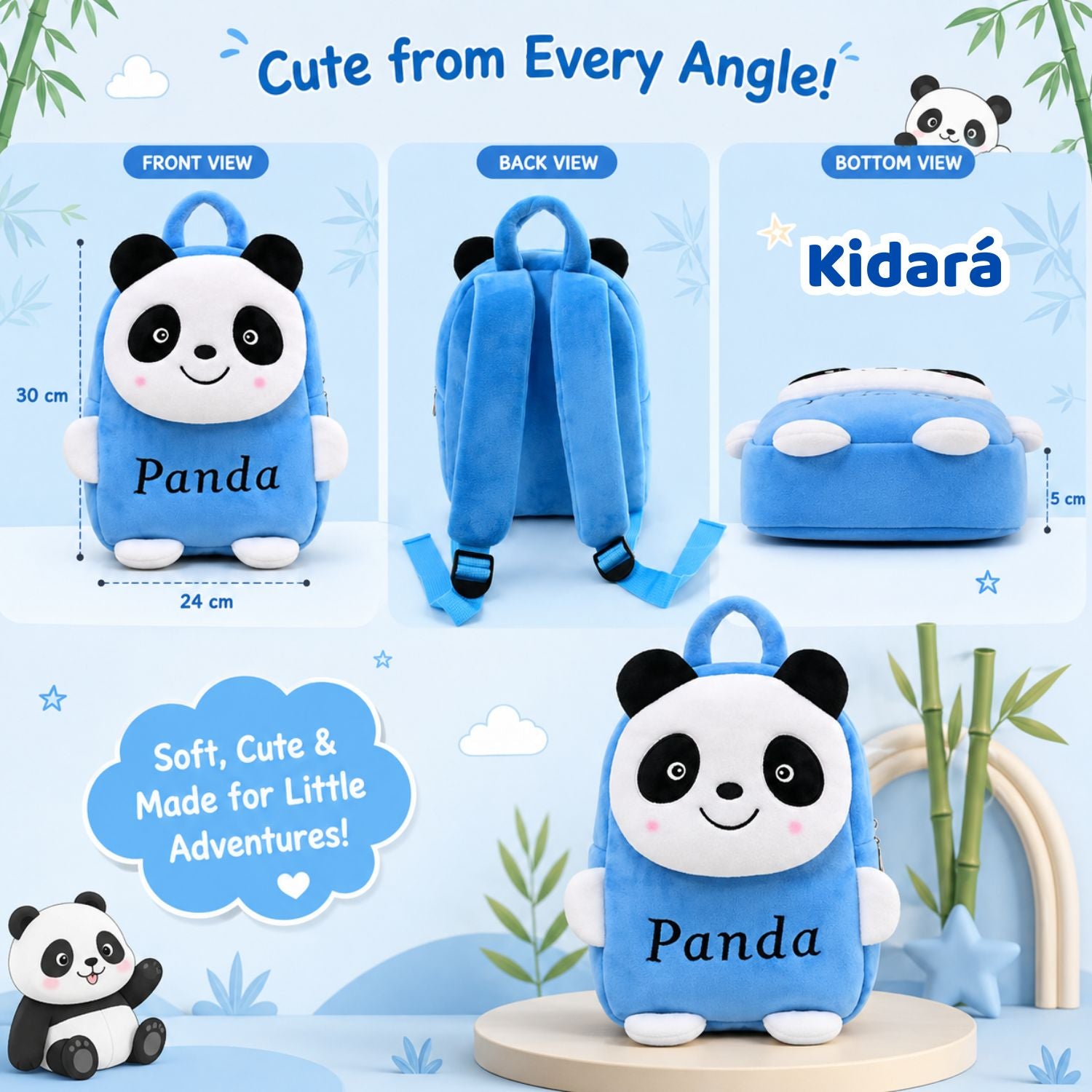 Kidara Happy Panda Plush Kids Backpack (Blue)