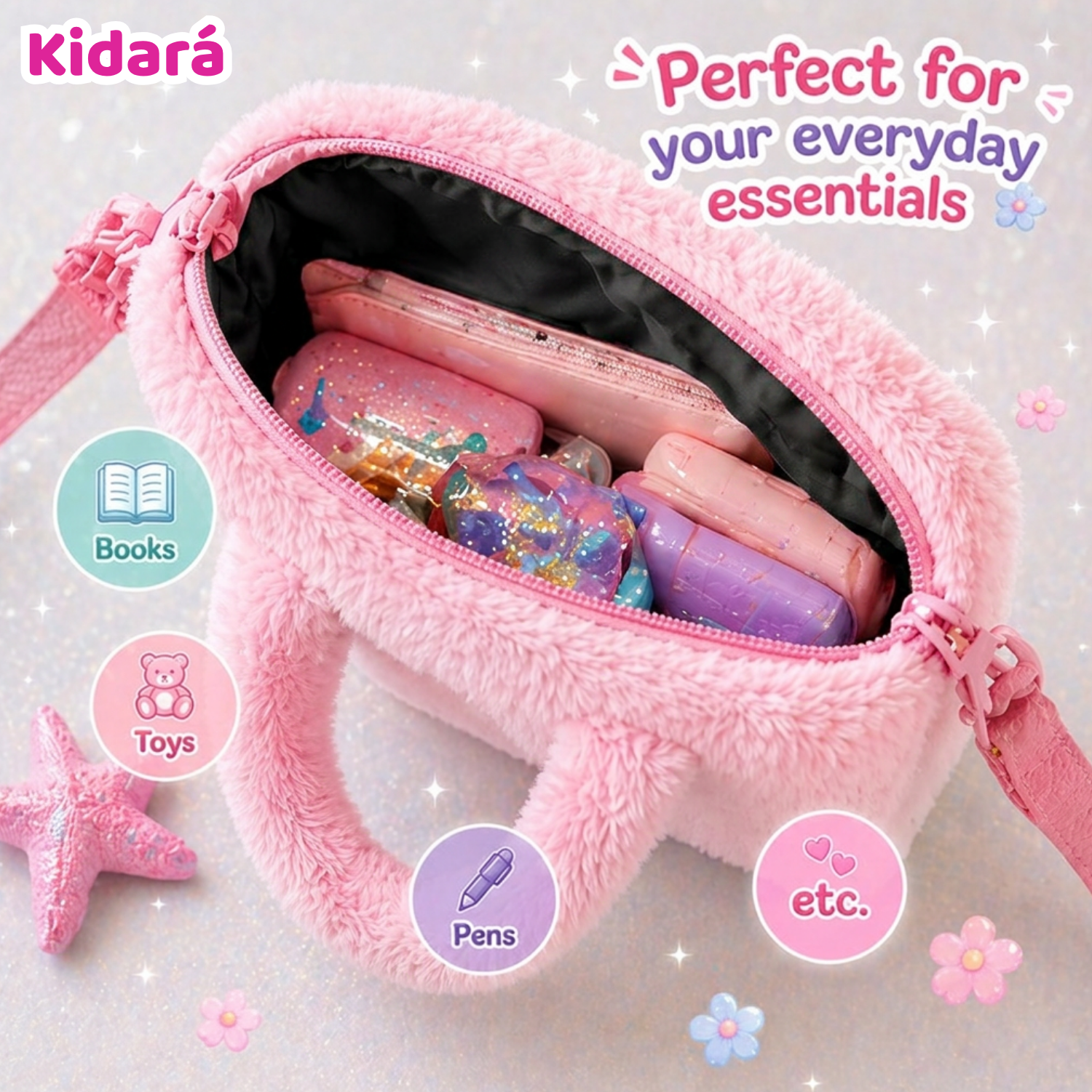 Kidara Sweet Heart Panda Fur Kids Sling Bag (Pink)
