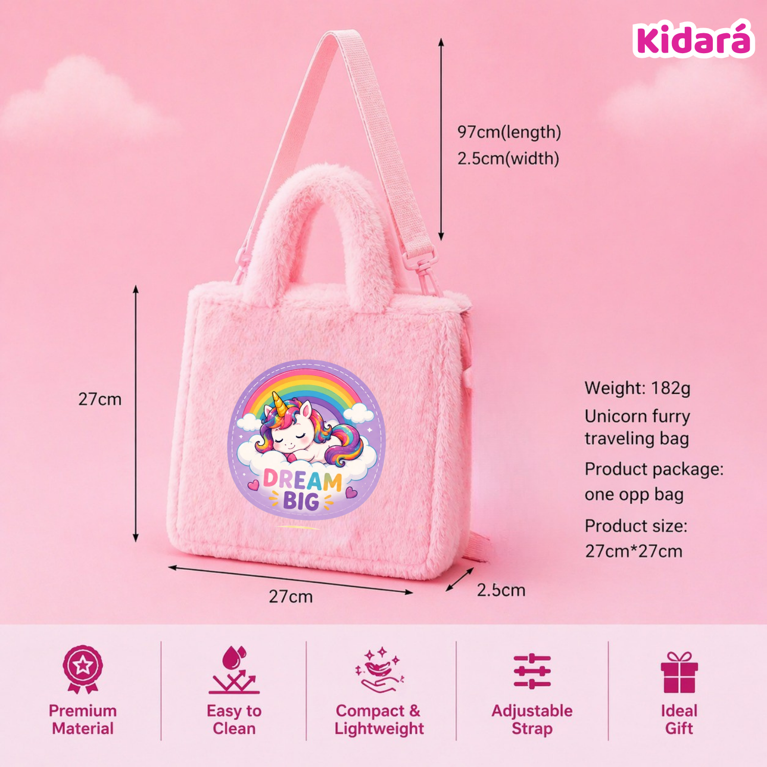 Kidara Dream Big Unicorn Fur Kids Sling Bag (Pink)
