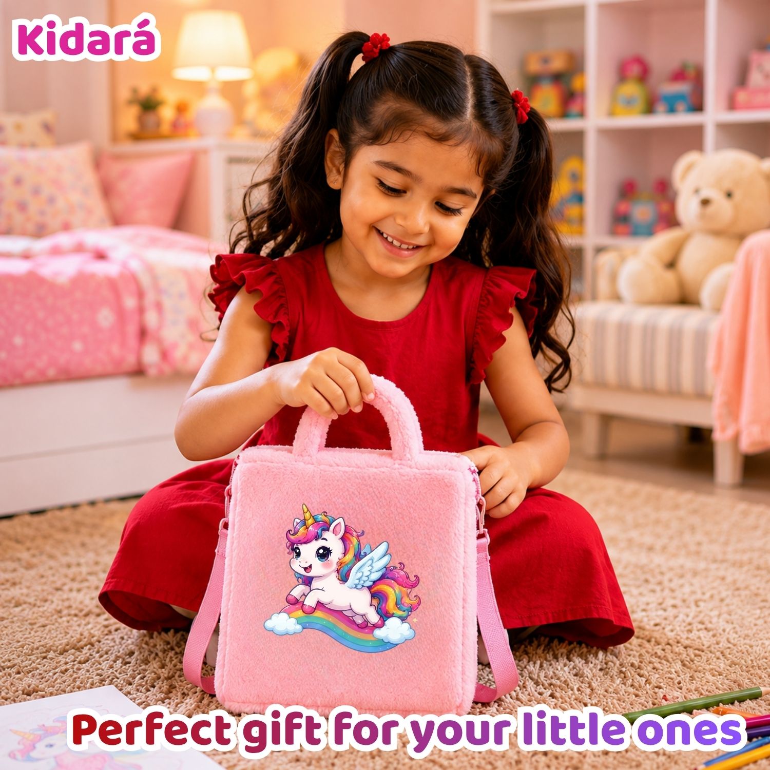 Kidara Flying Rider Unicorn Fur Kids Sling Bag (Pink)