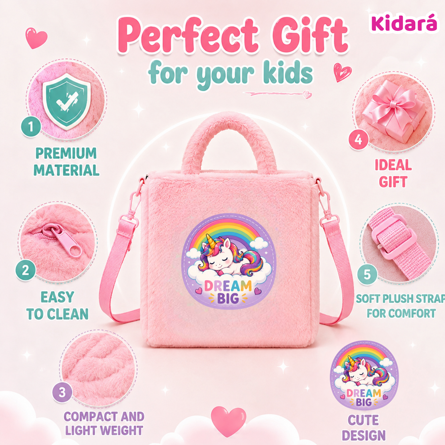 Kidara Dream Big Unicorn Fur Kids Sling Bag (Pink)