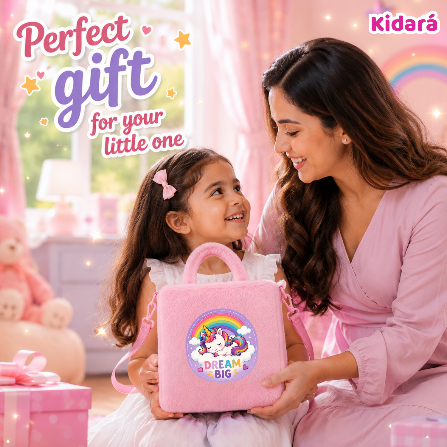 Kidara Dream Big Unicorn Fur Kids Sling Bag (Pink)