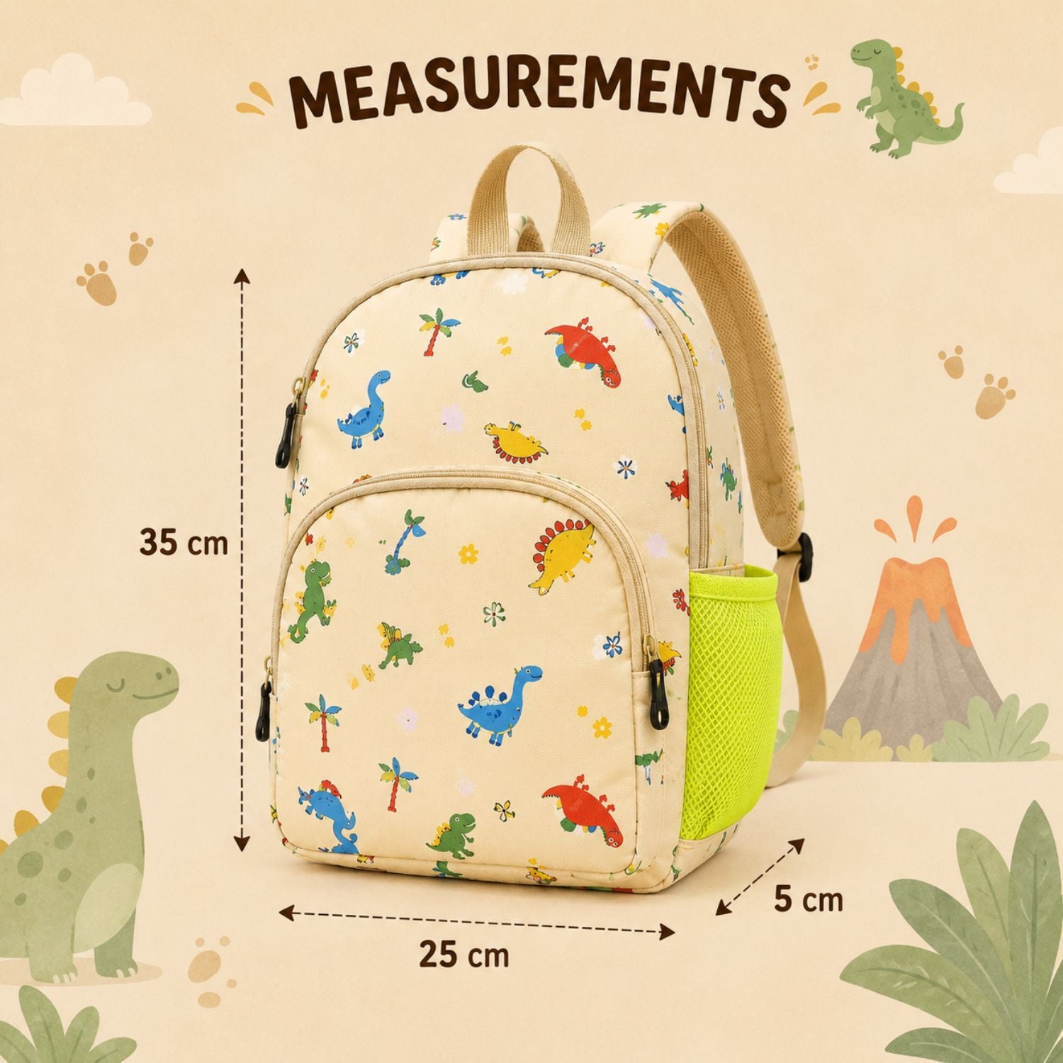 Kidara Soft Dinosaur Polyester Kids Backpack (Yellow)