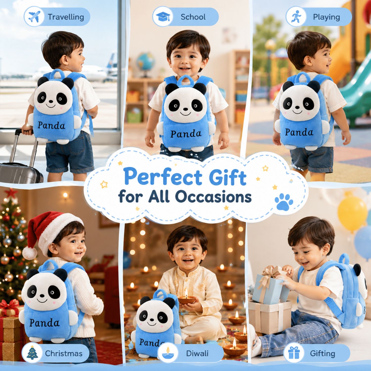 Kidara Happy Panda Plush Kids Backpack (Blue)