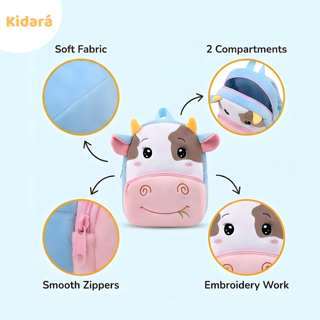 Kidara Preschool Soft Plush Cow Backpack for Toddlers (1-5 Years) – Mini Travel Full Embroidery Bag
