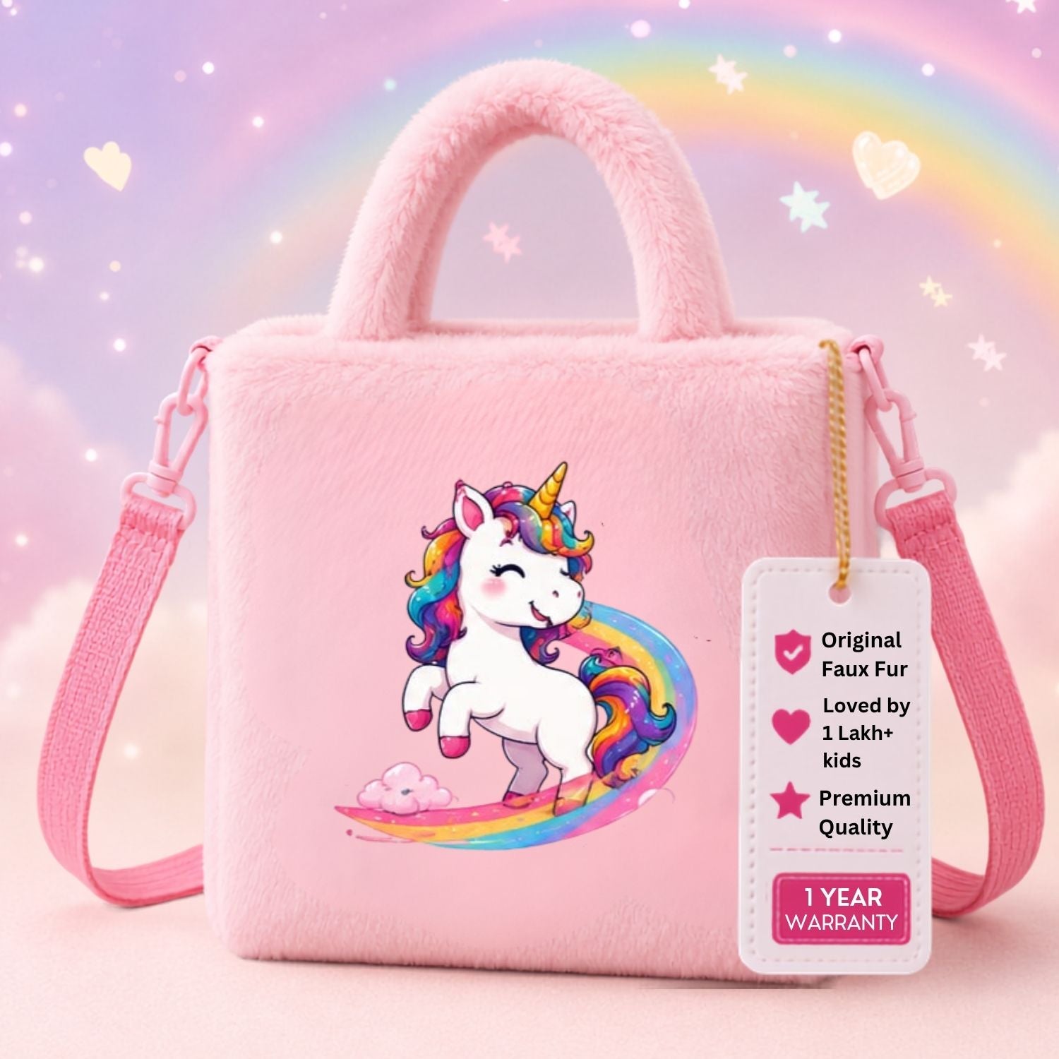 Kidara Rainbow Surf Unicorn Fur Kids Sling Bag (Pink)