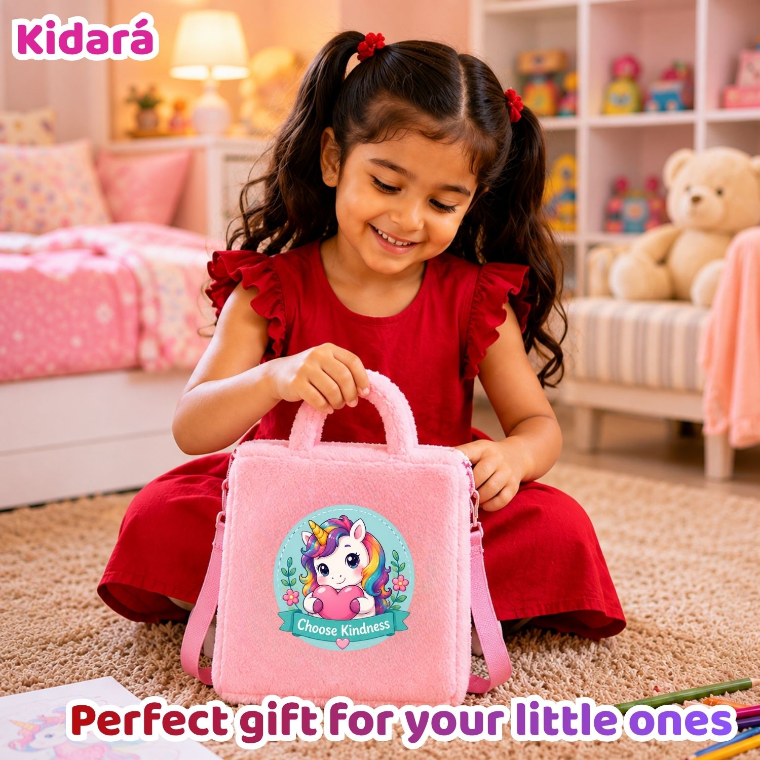 Kidara Pixie Unicorn Fur Kids Sling Bag (Pink)