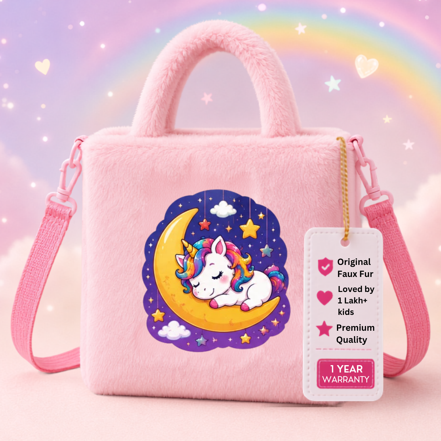 Kidara Cute Moon Slumber Unicorn Fur Kids Sling Bag (Pink)