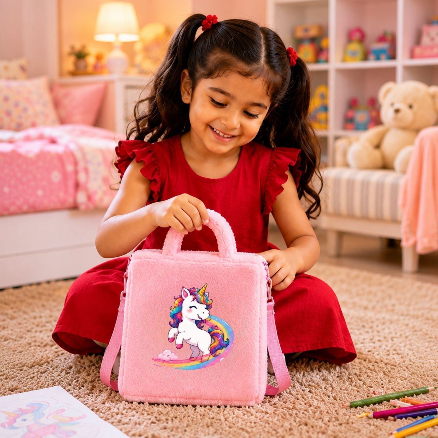 Kidara Rainbow Surf Unicorn Fur Kids Sling Bag (Pink)