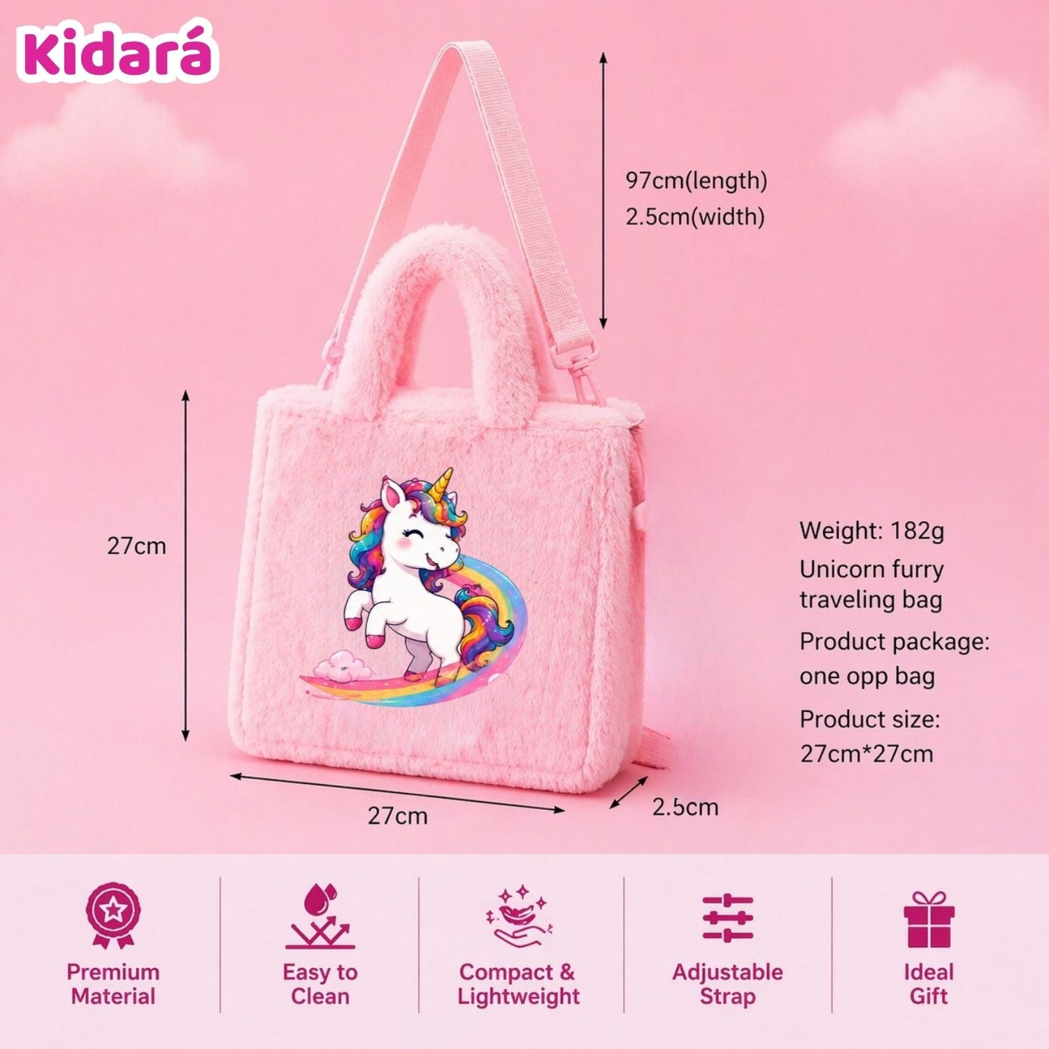 Kidara Rainbow Surf Unicorn Fur Kids Sling Bag (Pink)