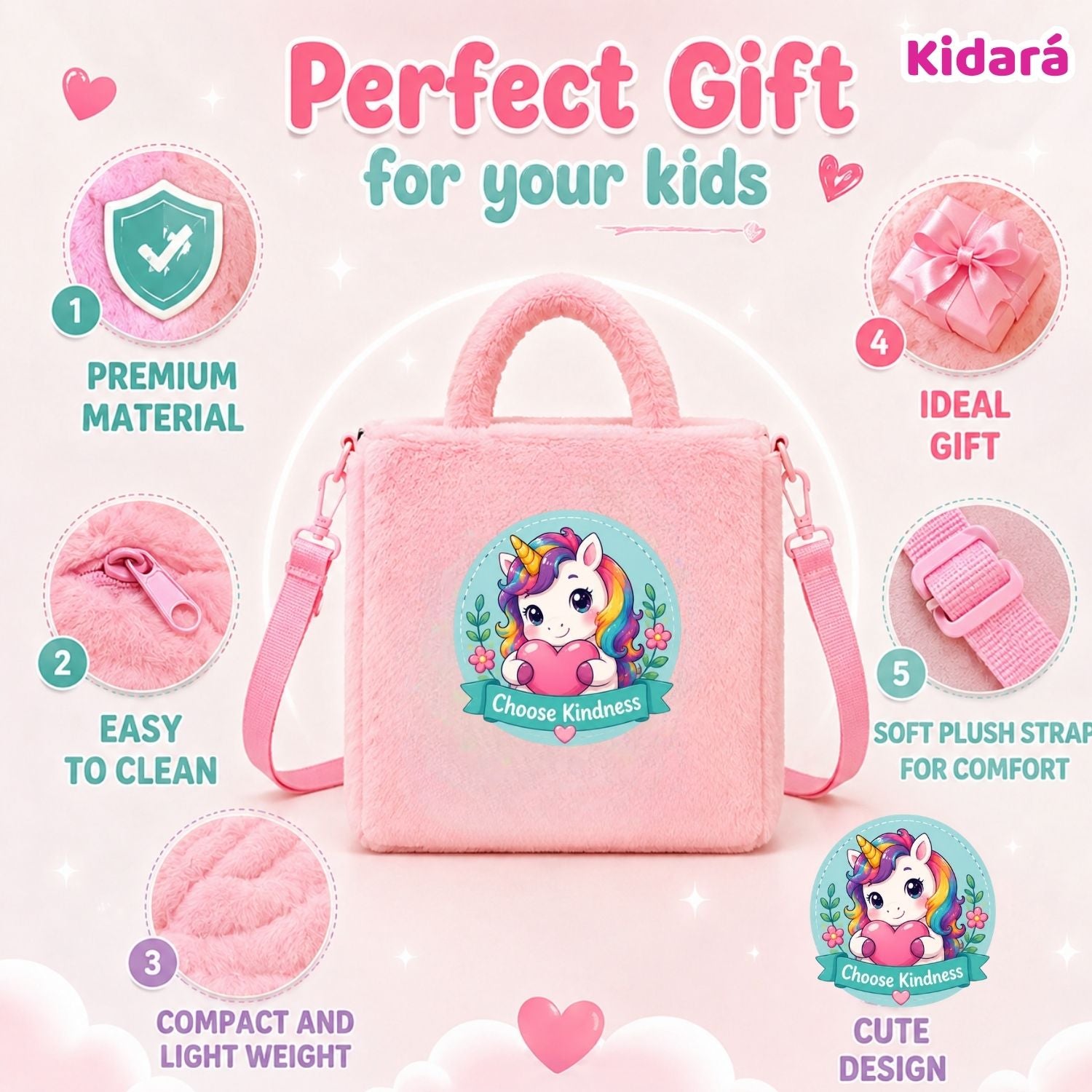 Kidara Pixie Unicorn Fur Kids Sling Bag (Pink)