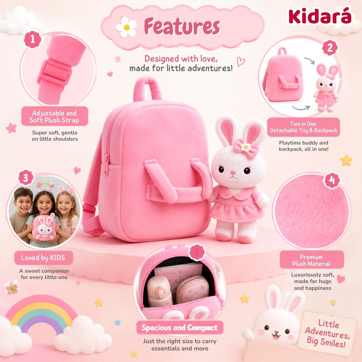 Kidara Bunny Plush Kids Backpack (Pink)