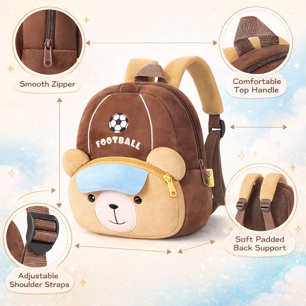 Kidara Football Bear Kids Plush Backpack - Brown