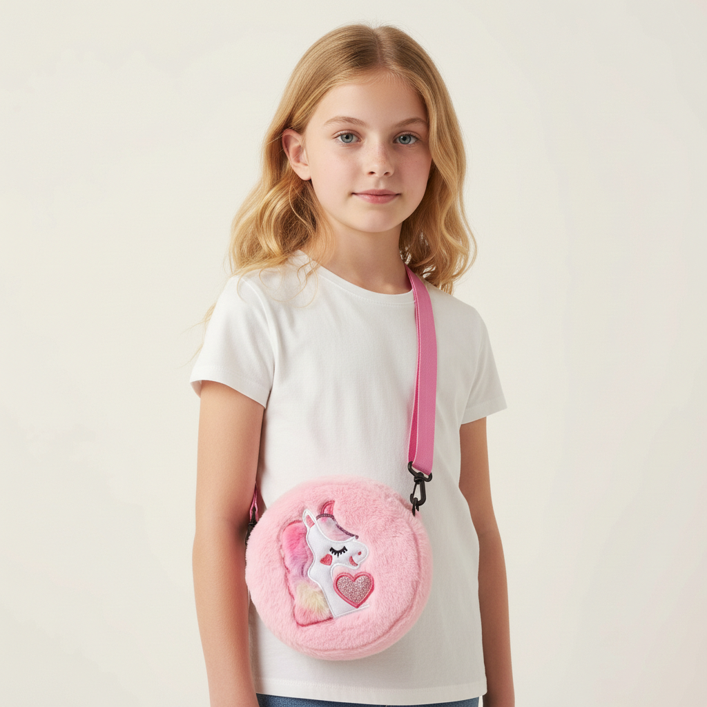 Kidara Unicorn Fur CrossBody Round Bag (Pink)