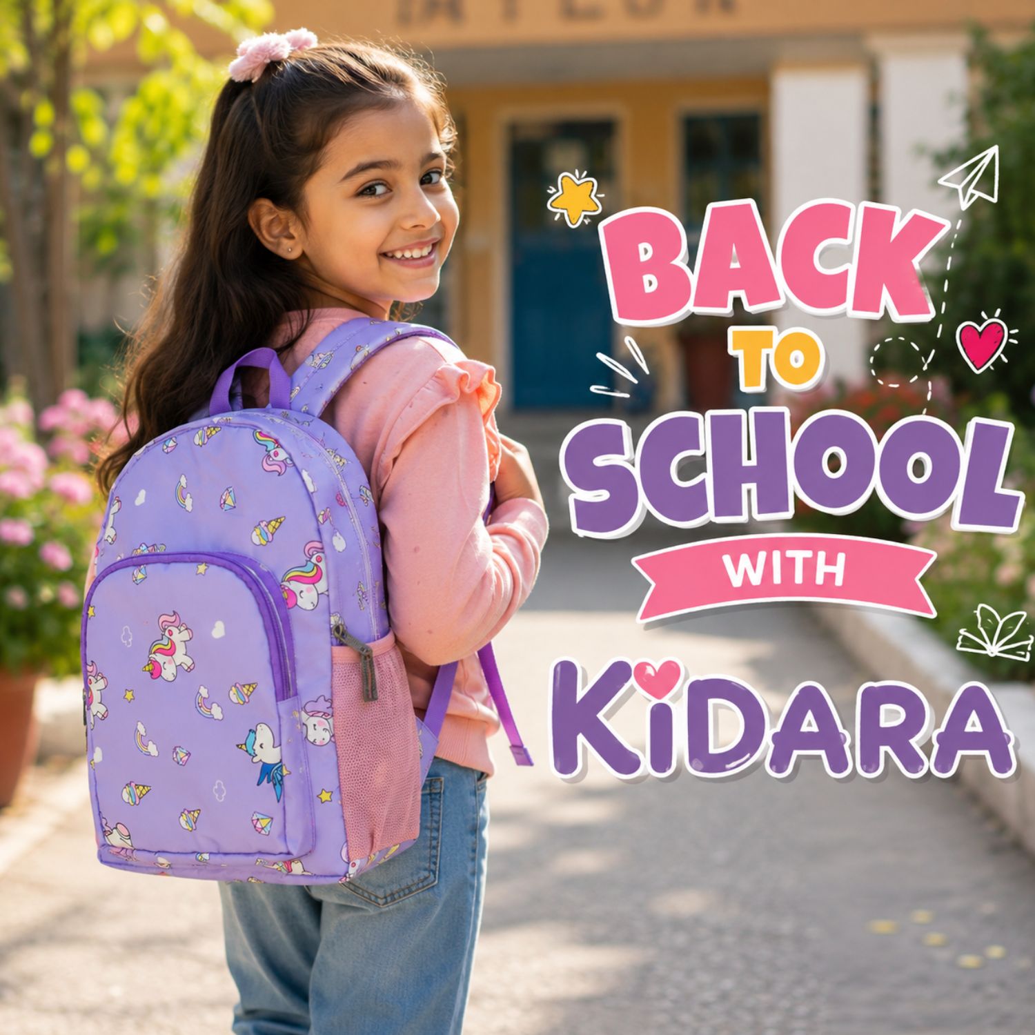 Kidara Unicorn Polyester Kids Backpack (Purple)