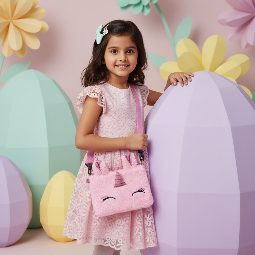 Kidara Cute Unicorn Fur Kids Sling Bag (Pink)