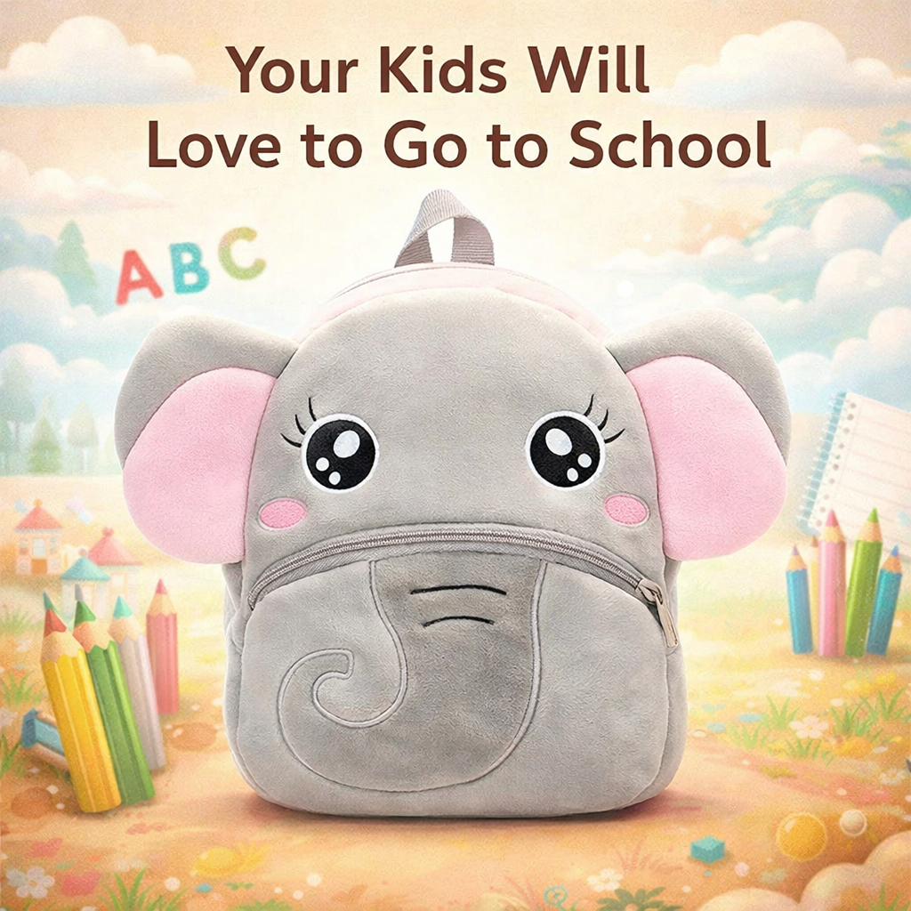Kidara Elephant Kids Plush Backpack – Light Grey
