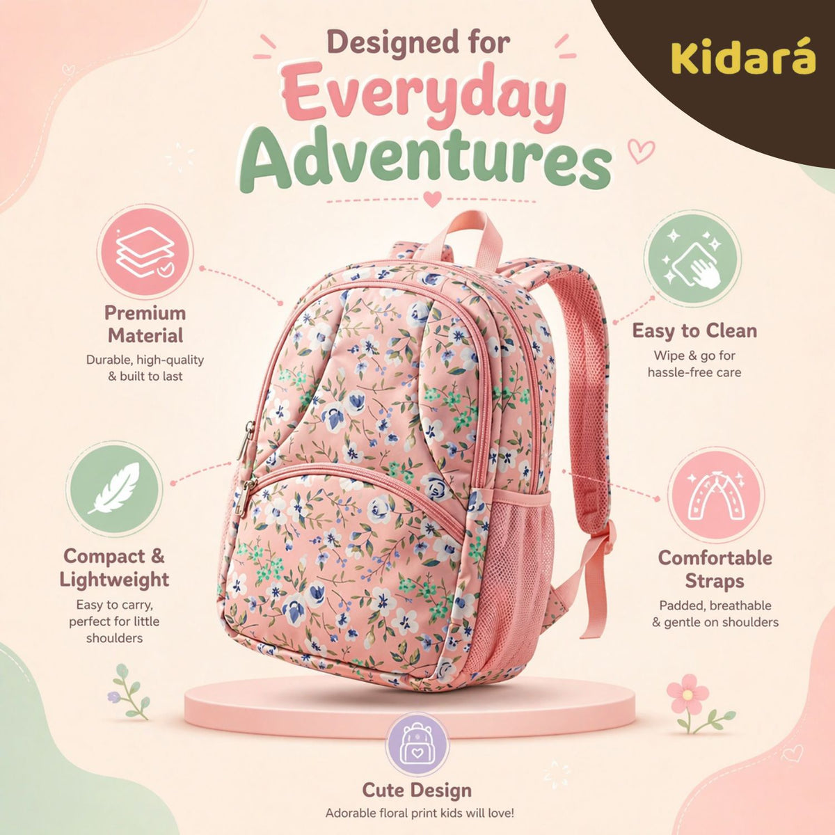 Kidara Kids Cute Floral Polyester School Bag (Peach)