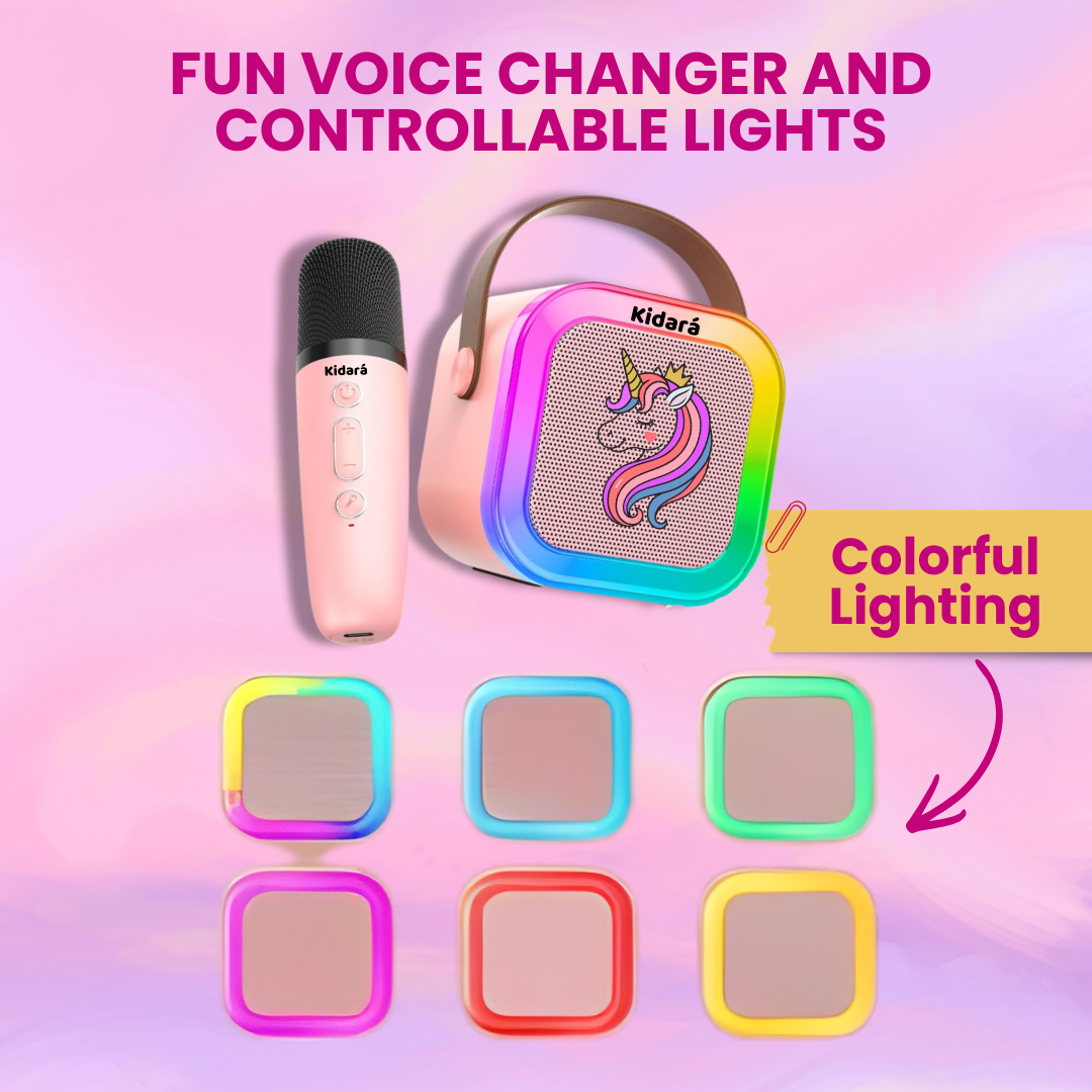 New Unicorn Themed Karaoke Speaker with Wireless Mic & LED Lights (Pink)