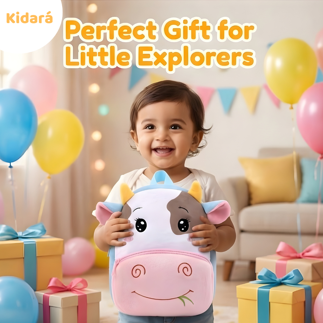 Kidara Preschool Soft Plush Cow Backpack for Toddlers (1-5 Years) – Mini Travel Full Embroidery Bag