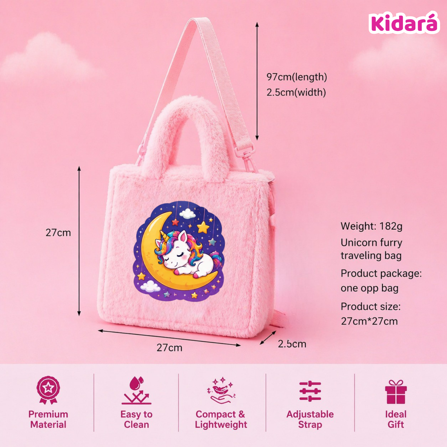 Kidara Cute Moon Slumber Unicorn Fur Kids Sling Bag (Pink)