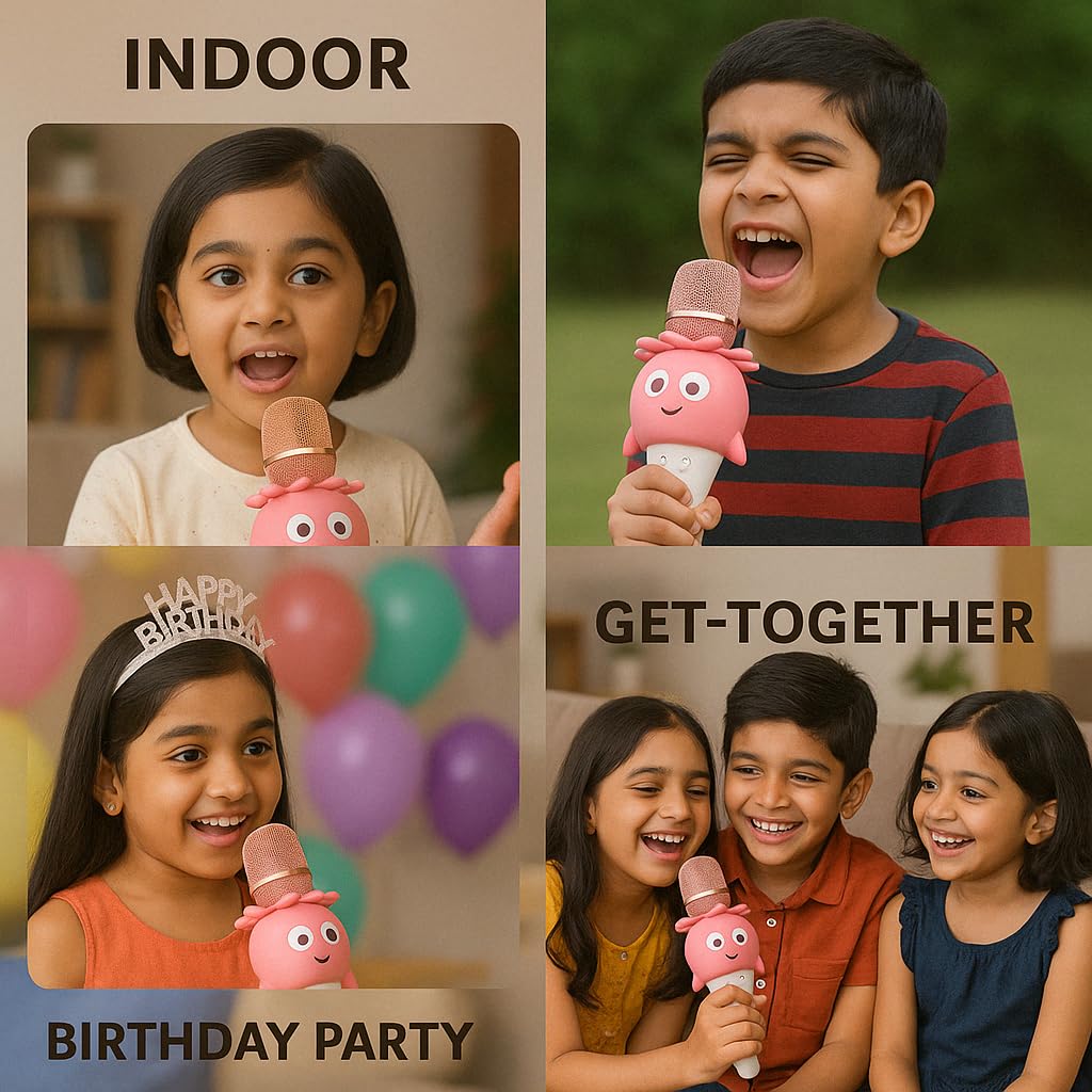 Kidara™ Berry Pop Karaoke Mic for Kids | Strawberry-Themed Bluetooth Mic with Lights | Wireless & Rechargeable Singing Toy for Kids – Girls & Boys Ages 3 4 5 6 7 8 9 10 | Musical Gift (Pink -White)