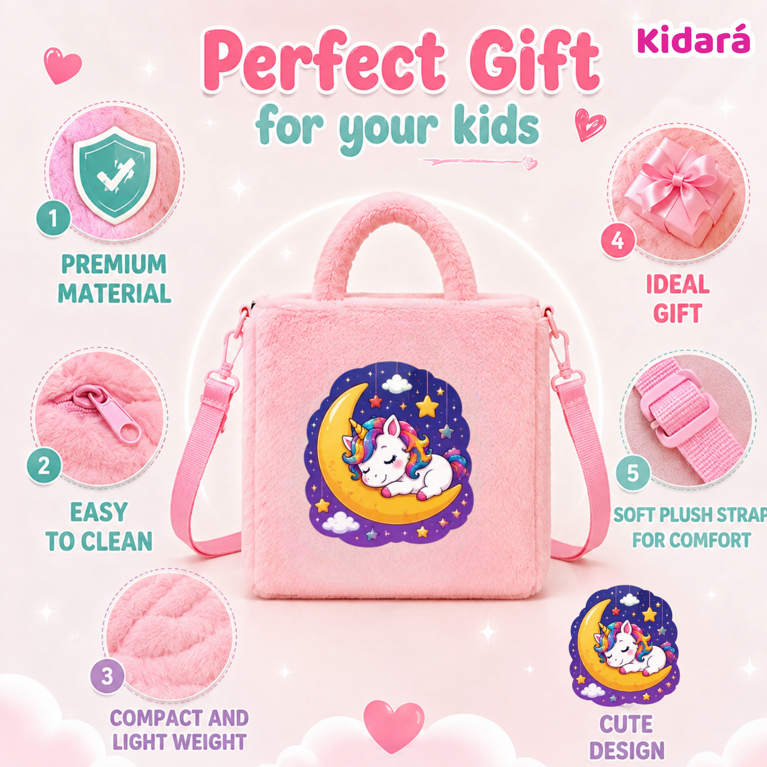 Kidara Cute Moon Slumber Unicorn Fur Kids Sling Bag (Pink)
