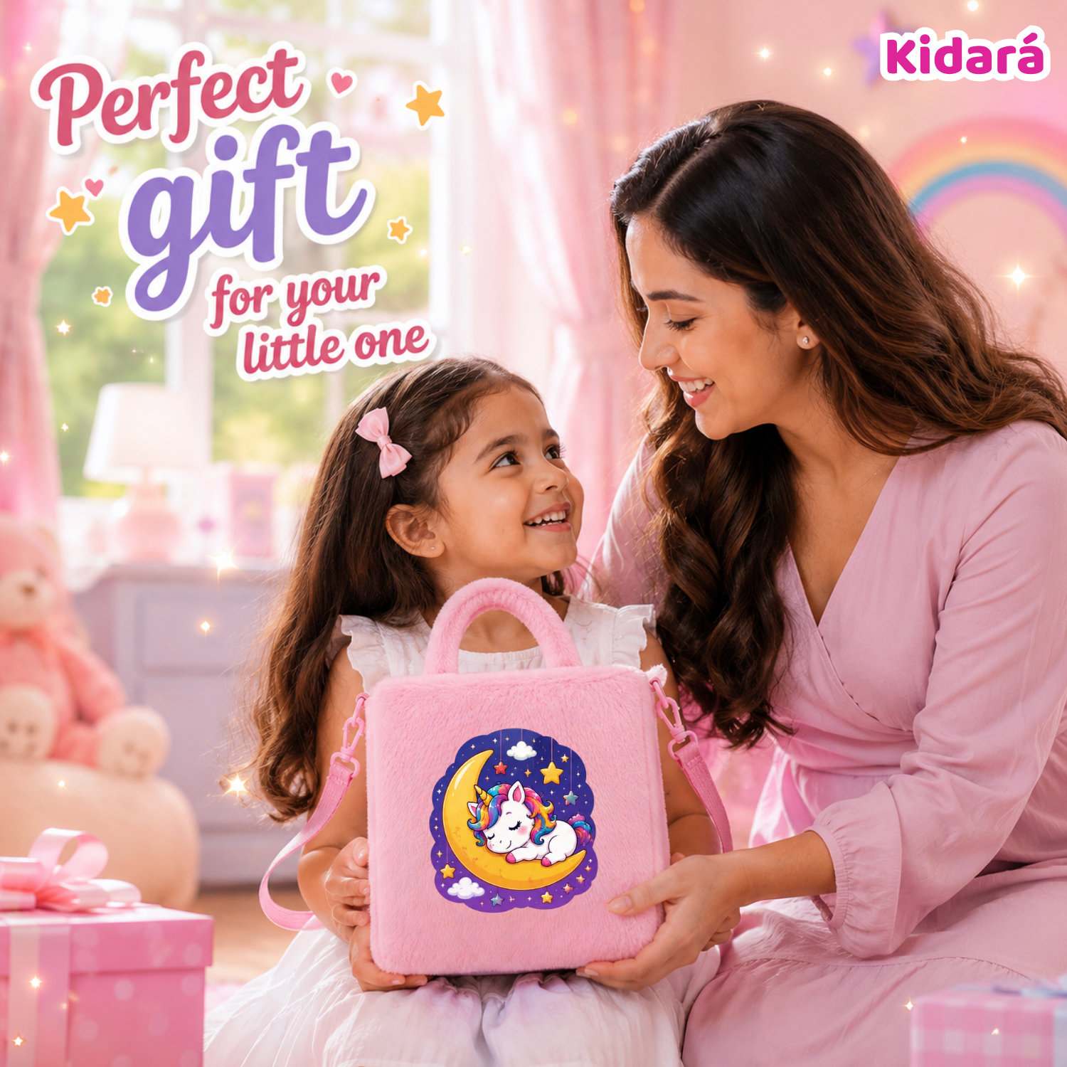 Kidara Cute Moon Slumber Unicorn Fur Kids Sling Bag (Pink)