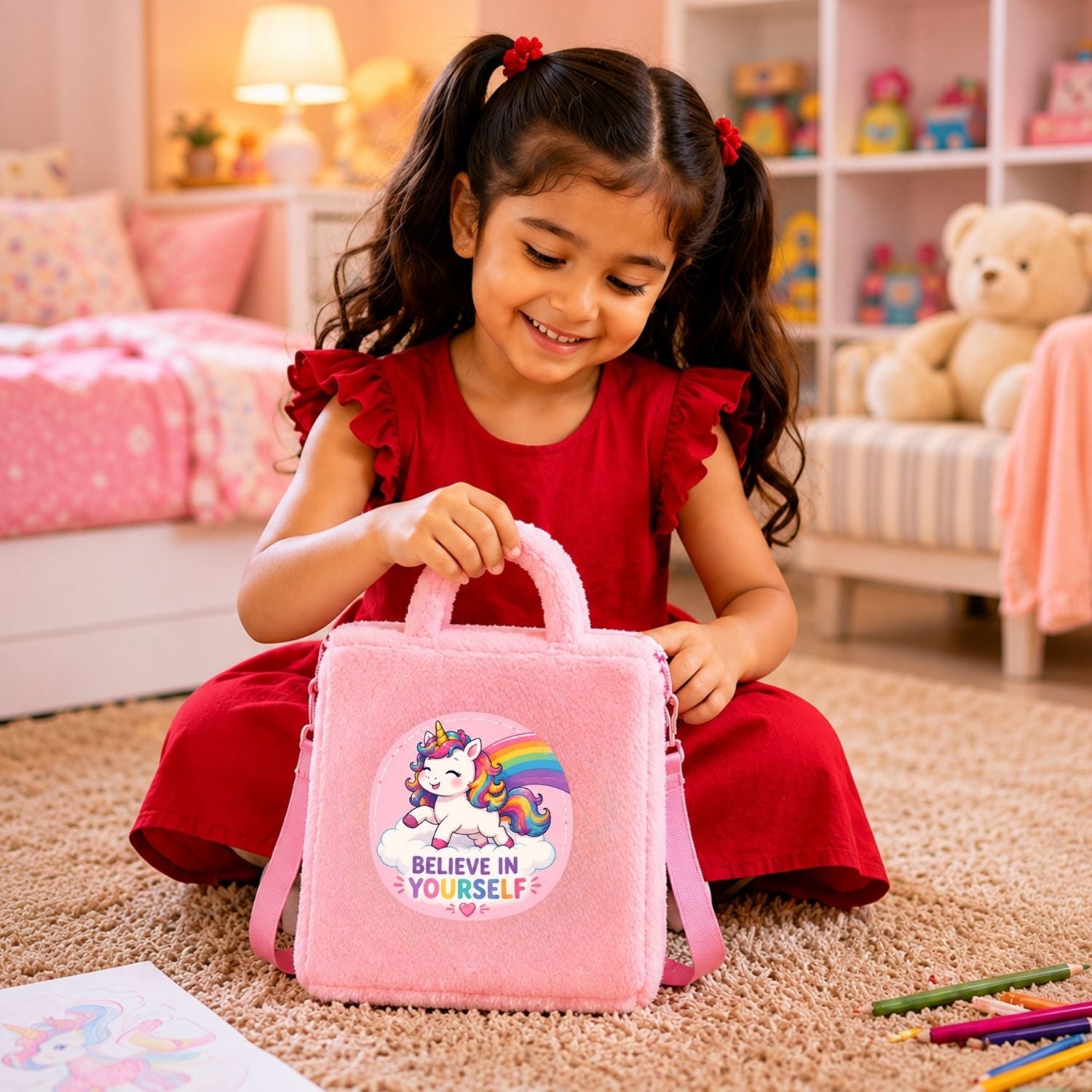 Kidara Cloud Walker Unicorn Fur Kids Sling Bag (Pink)