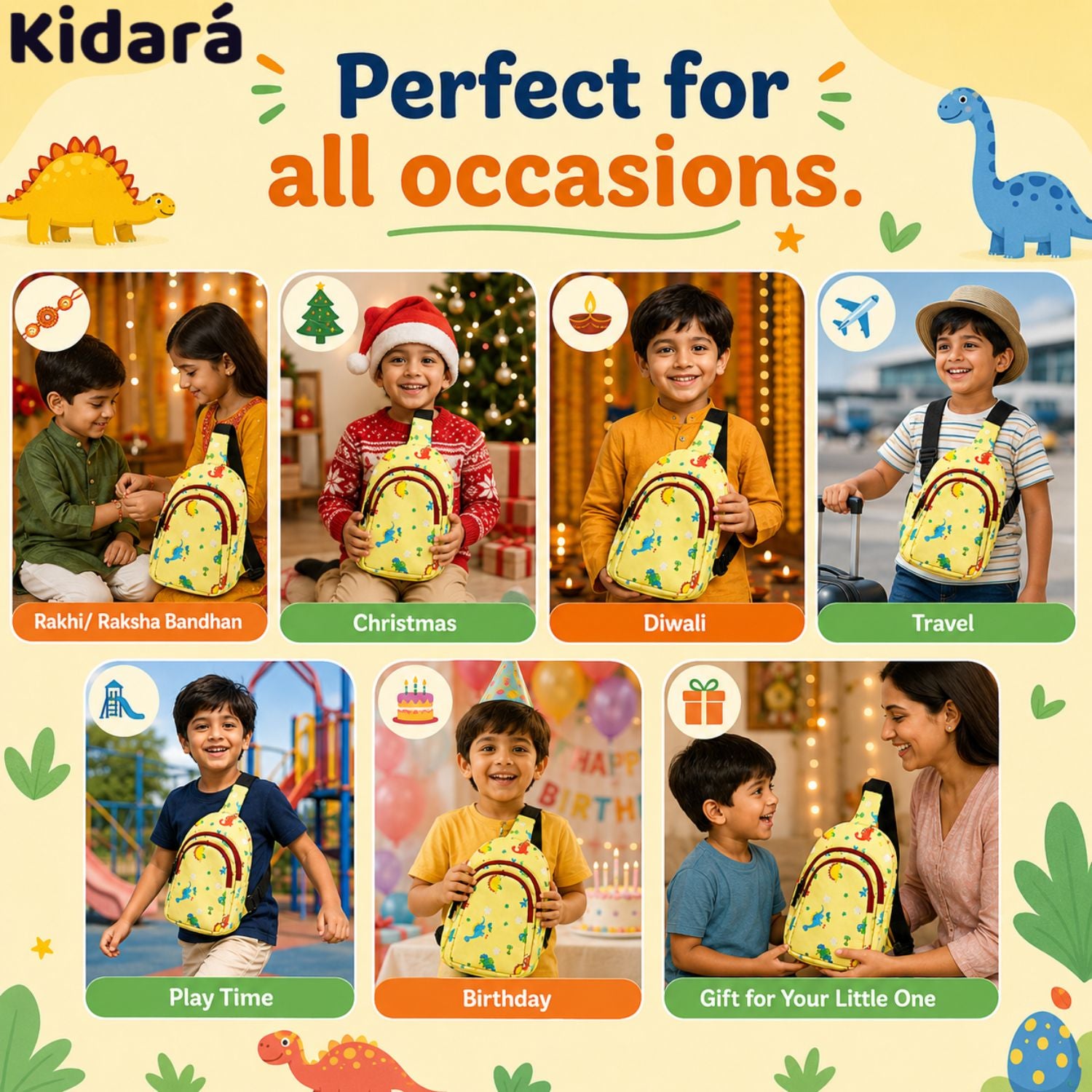 Kidara Dinosaur Chest Kids Sling Bag (Yellow)
