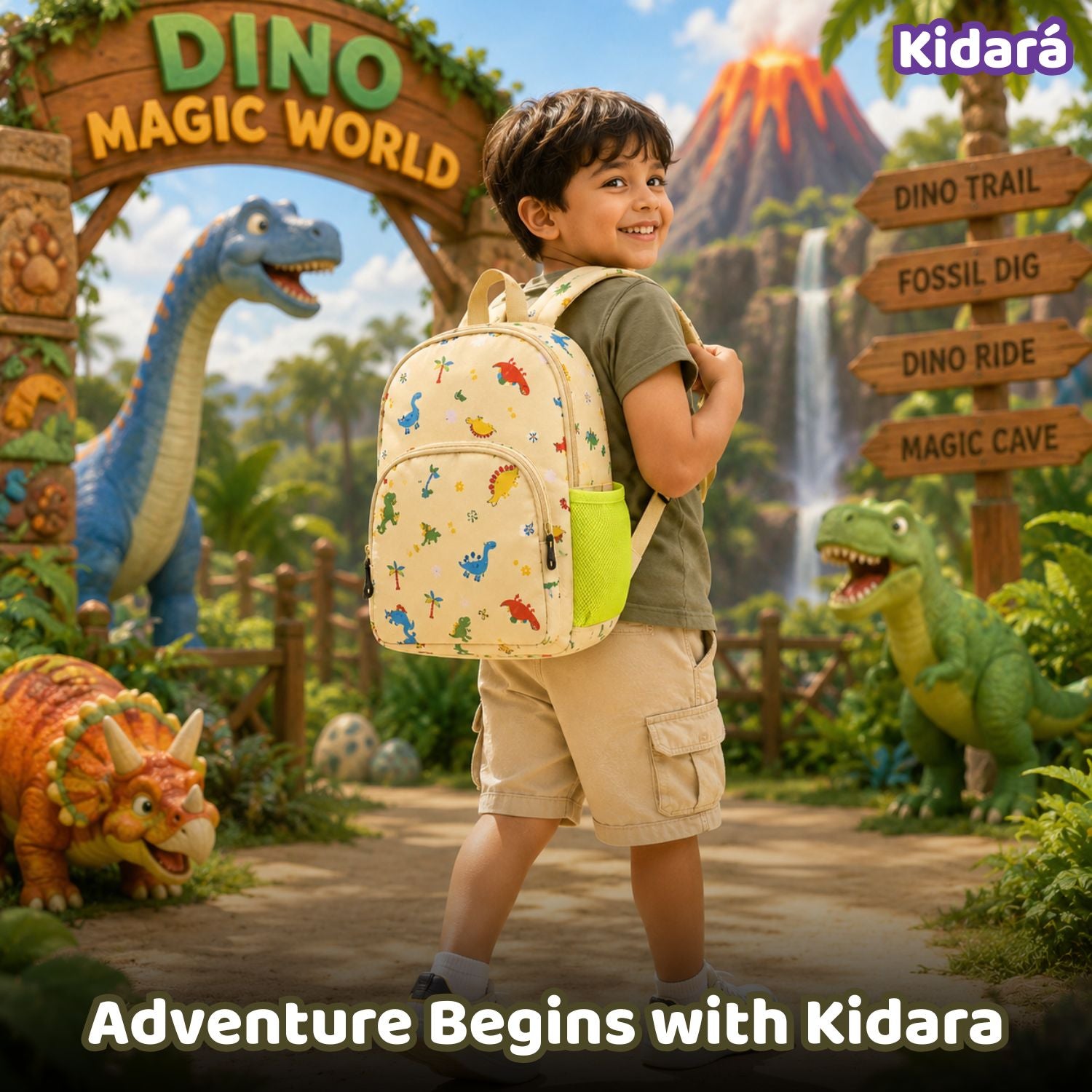 Kidara Soft Dinosaur Polyester Kids Backpack (Yellow)