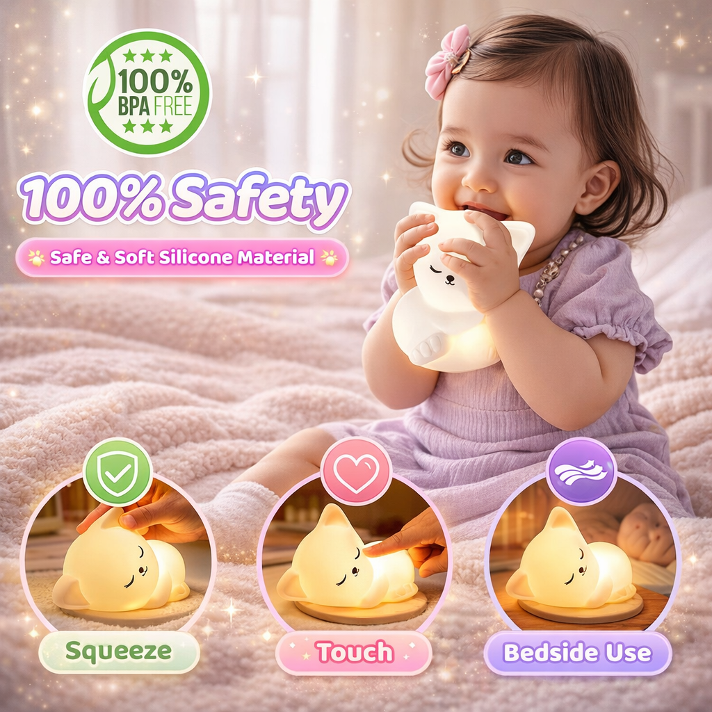 Kidara Sleeping Cat Silicone LED Night Light for Kids