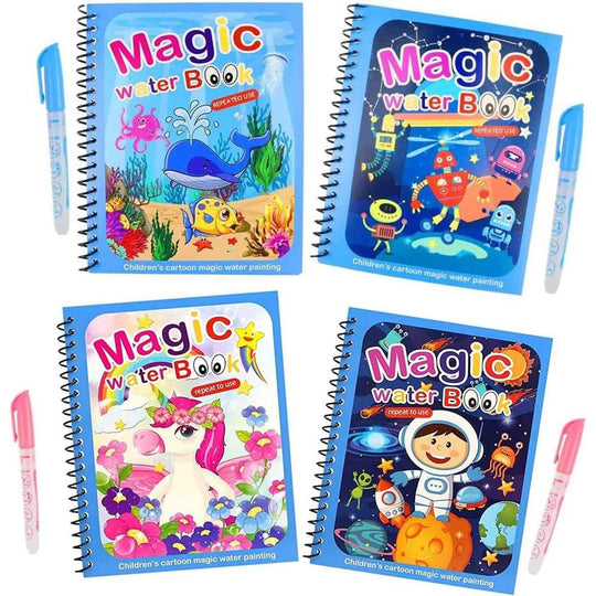 Kidara Magic Water Coloring Set of 4 Books | Reusable, Quick Dry | Promotes Motor, Drawing Skills | Ages 3-6 | (Includes 4 Marker)