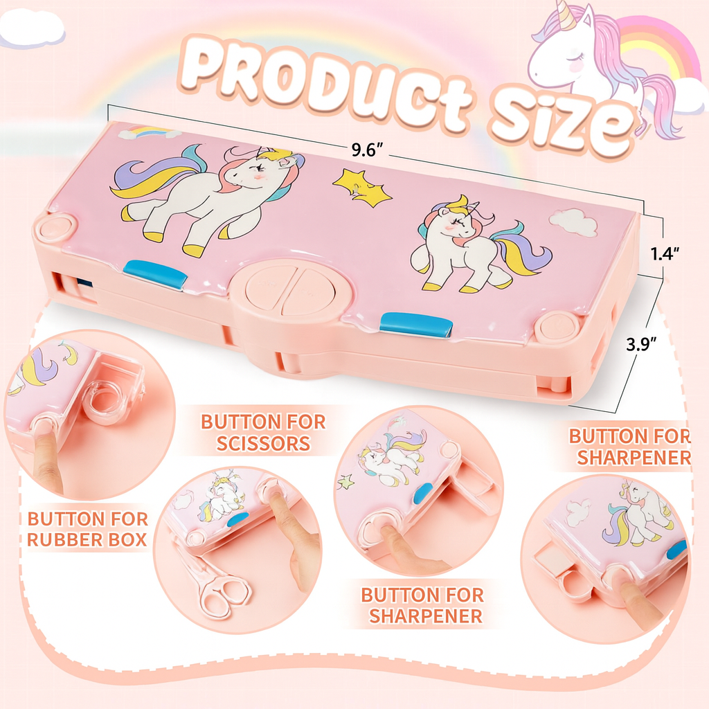 Kidara Magical Unicorn Dual-Compartment Magnetic Pencil Case – Soft Pink (Ages 4–12)