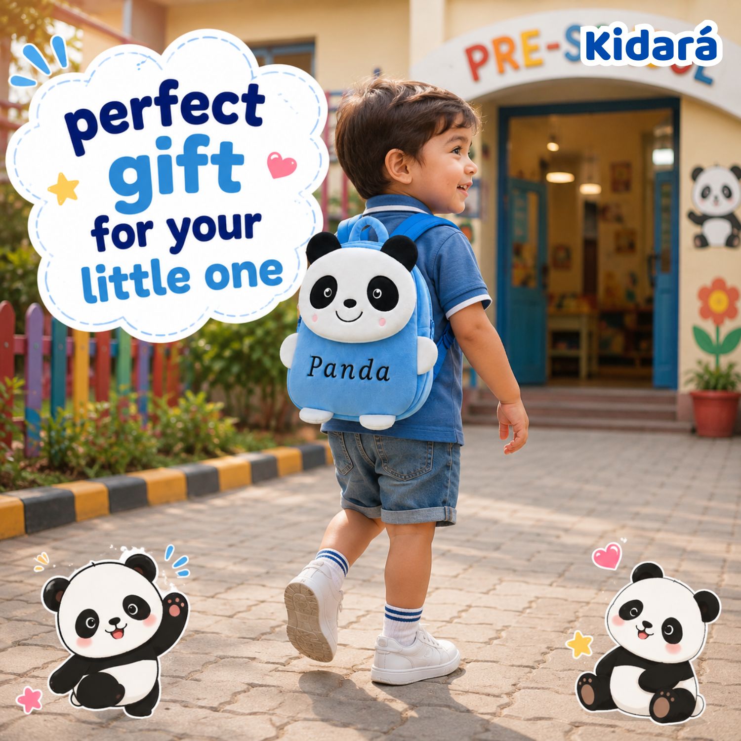 Kidara Happy Panda Plush Kids Backpack (Blue)