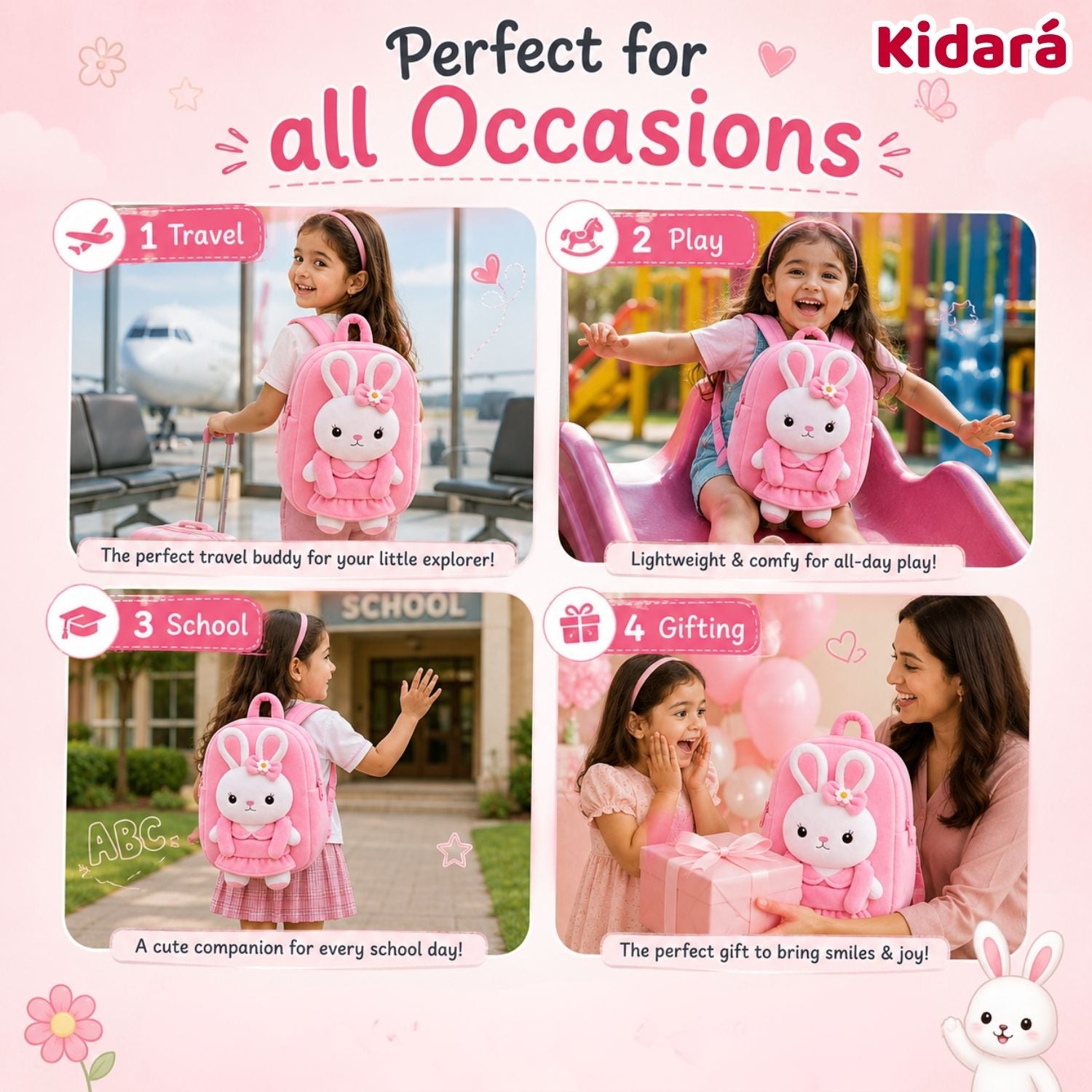 Kidara Bunny Plush Kids Backpack (Pink)