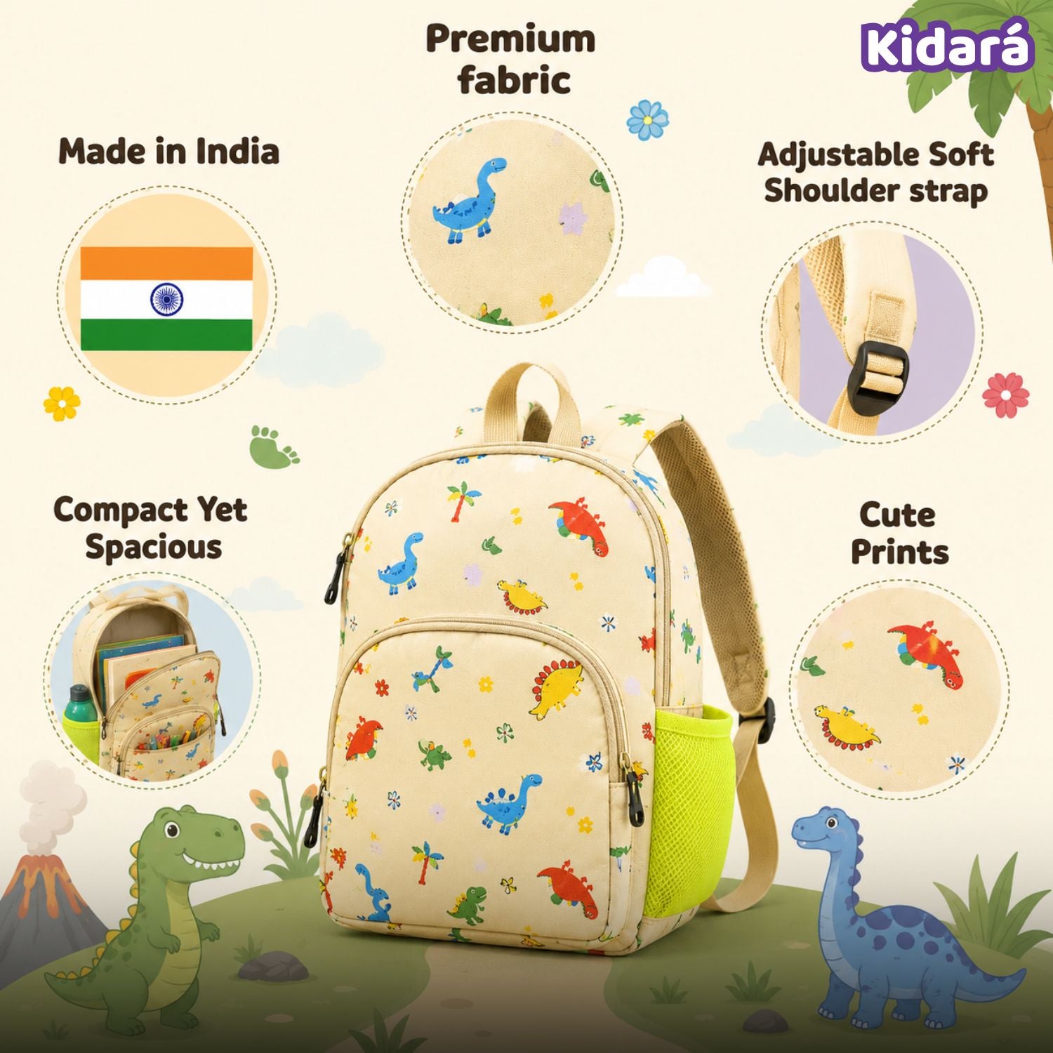 Kidara Soft Dinosaur Polyester Kids Backpack (Yellow)