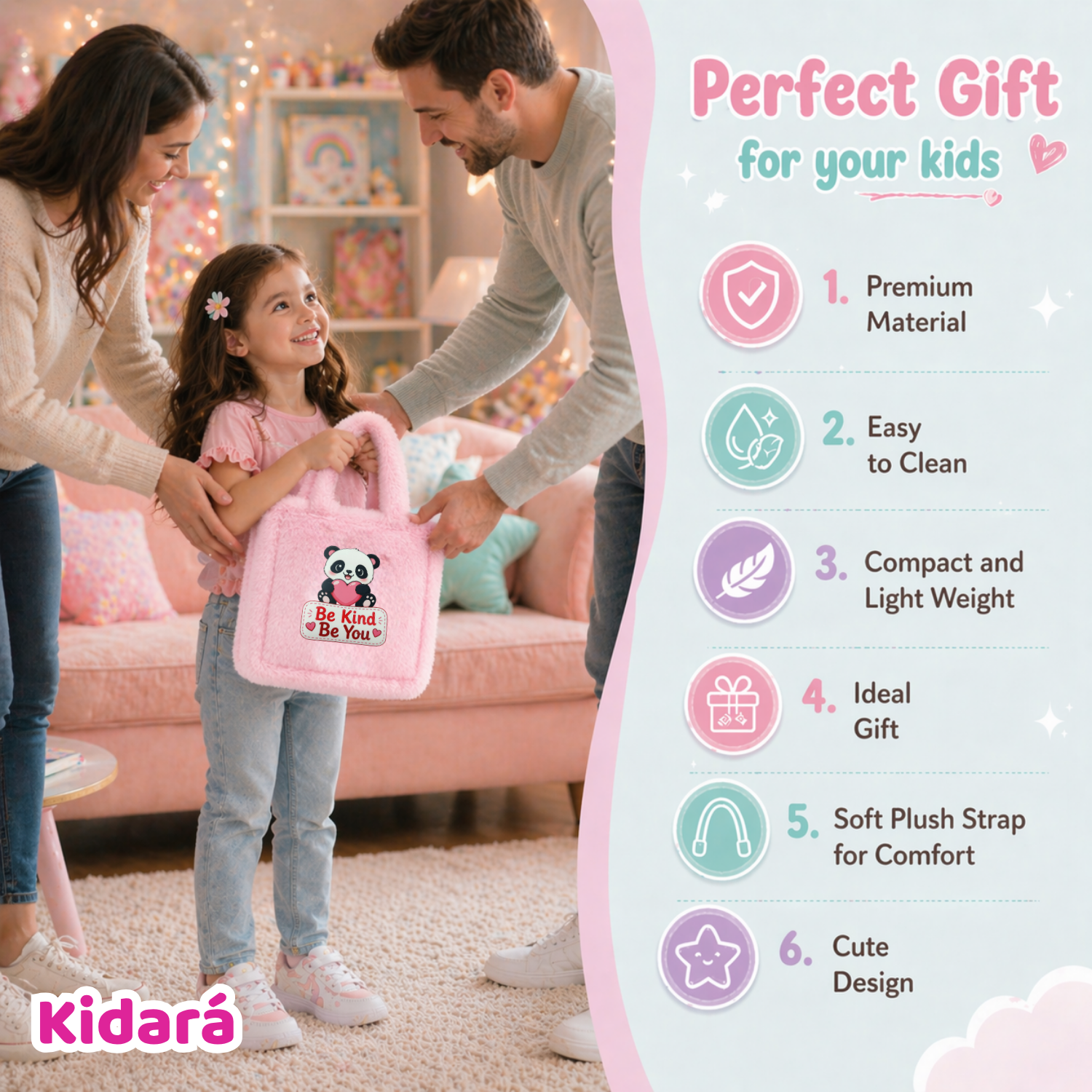 Kidara Sweet Heart Panda Fur Kids Sling Bag (Pink)