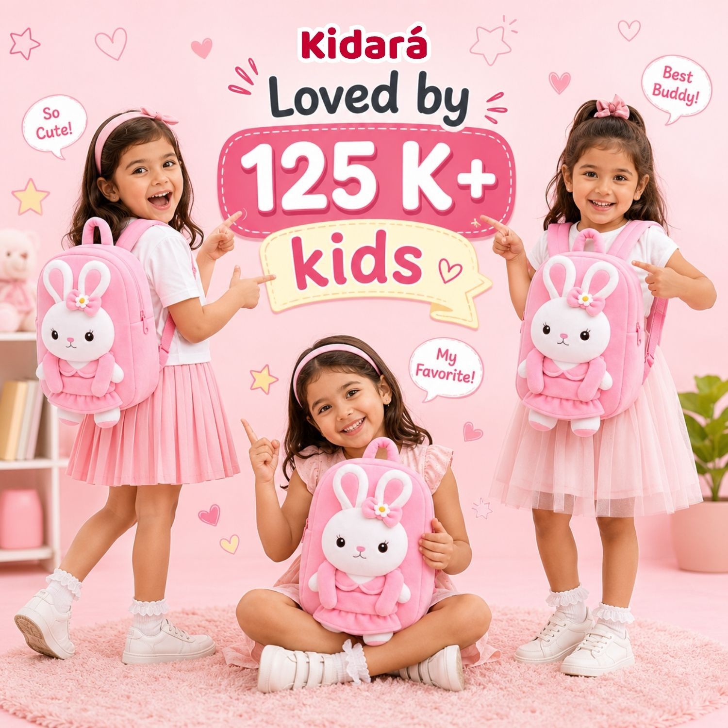 Kidara Bunny Plush Kids Backpack (Pink)