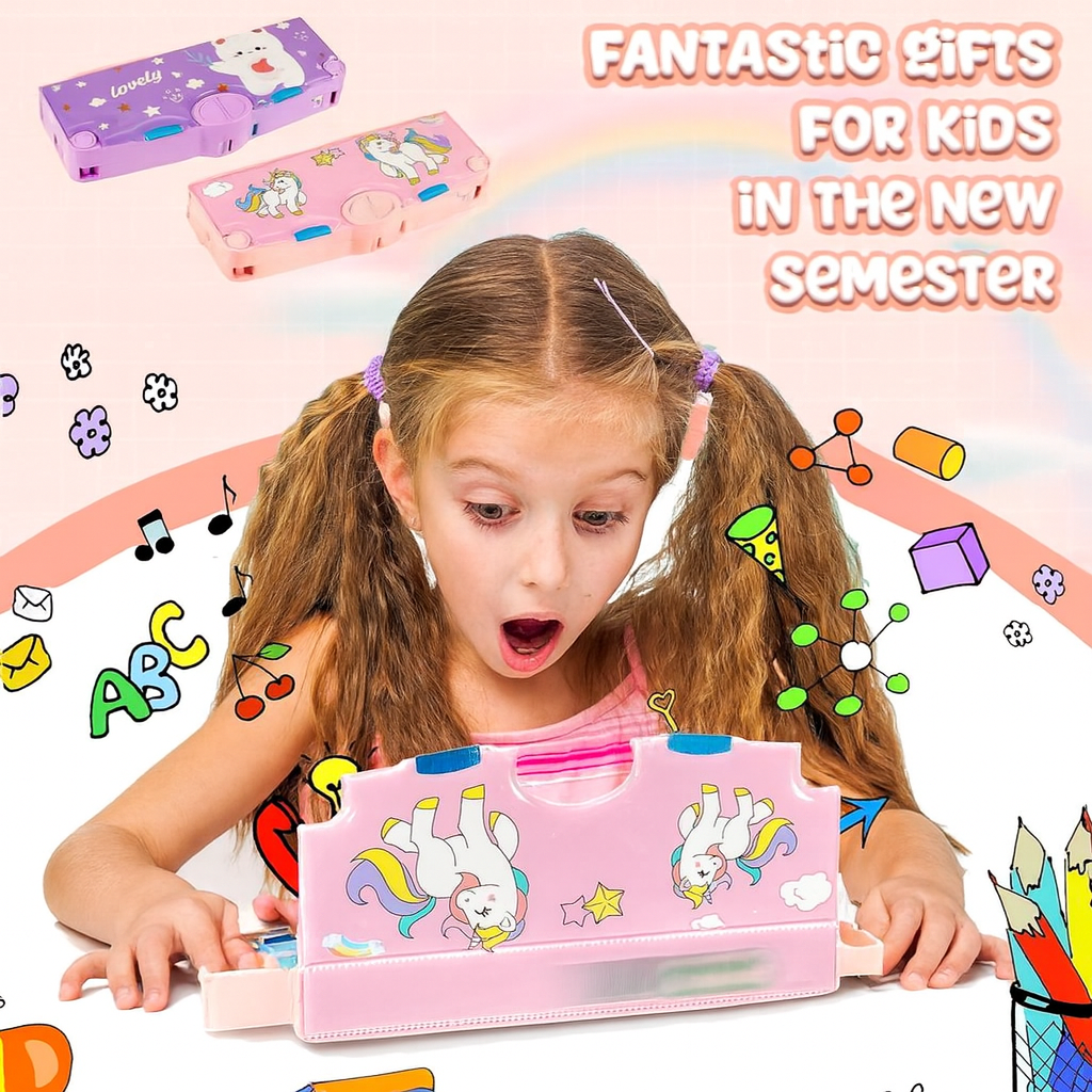 Kidara Magical Unicorn Dual-Compartment Magnetic Pencil Case – Soft Pink (Ages 4–12)