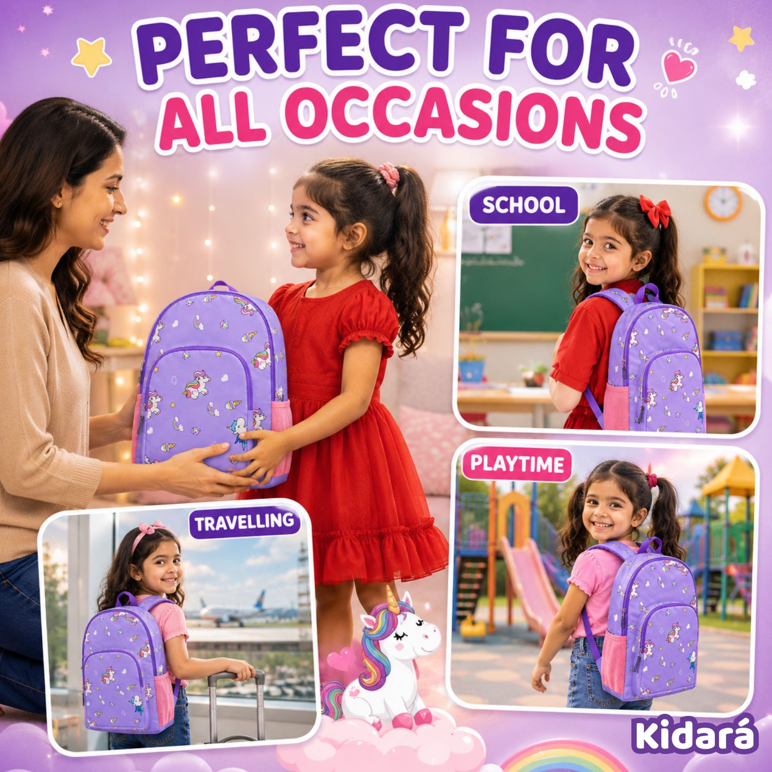 Kidara Unicorn Polyester Kids Backpack (Purple)