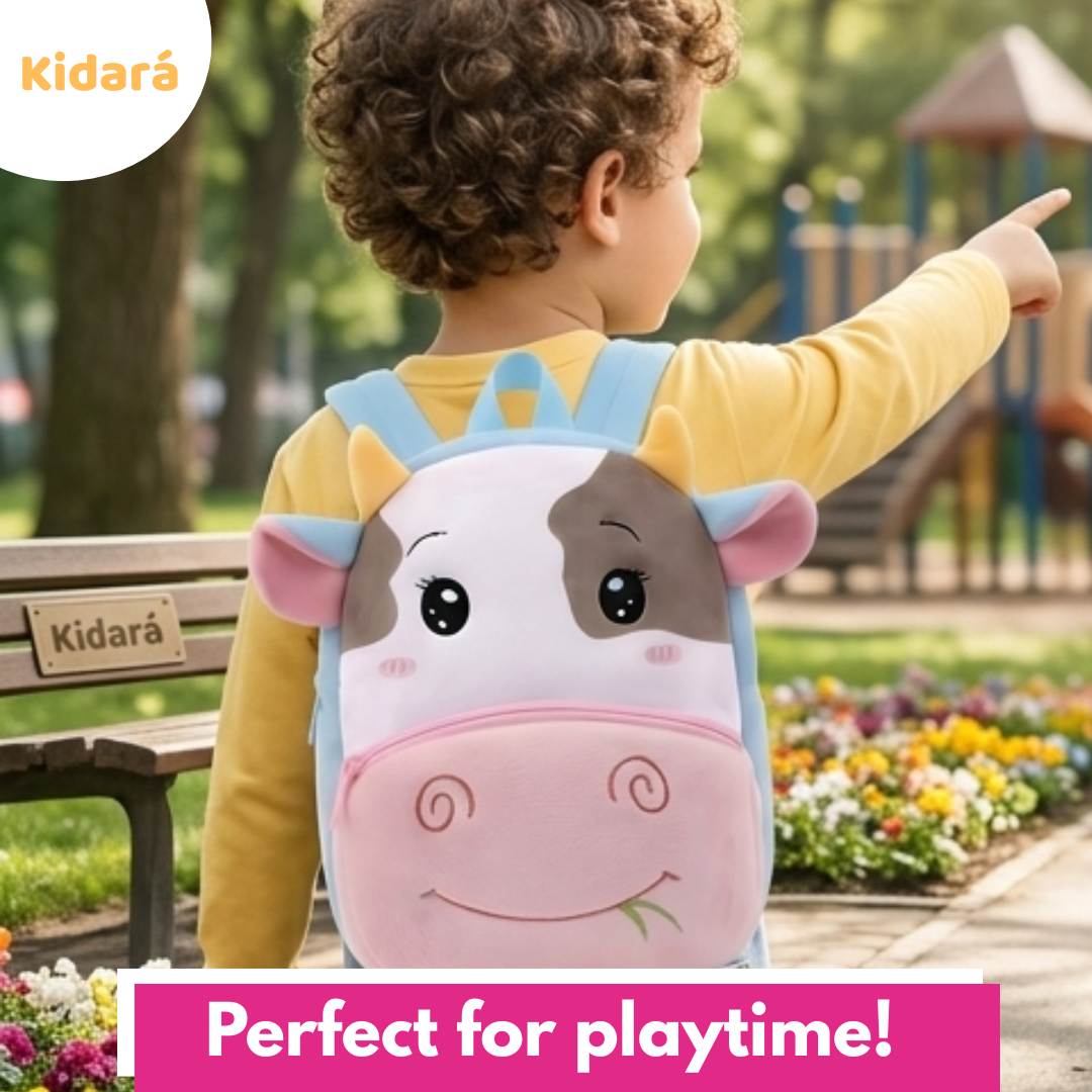 Kidara Preschool Soft Plush Cow Backpack for Toddlers (1-5 Years) – Mini Travel Full Embroidery Bag