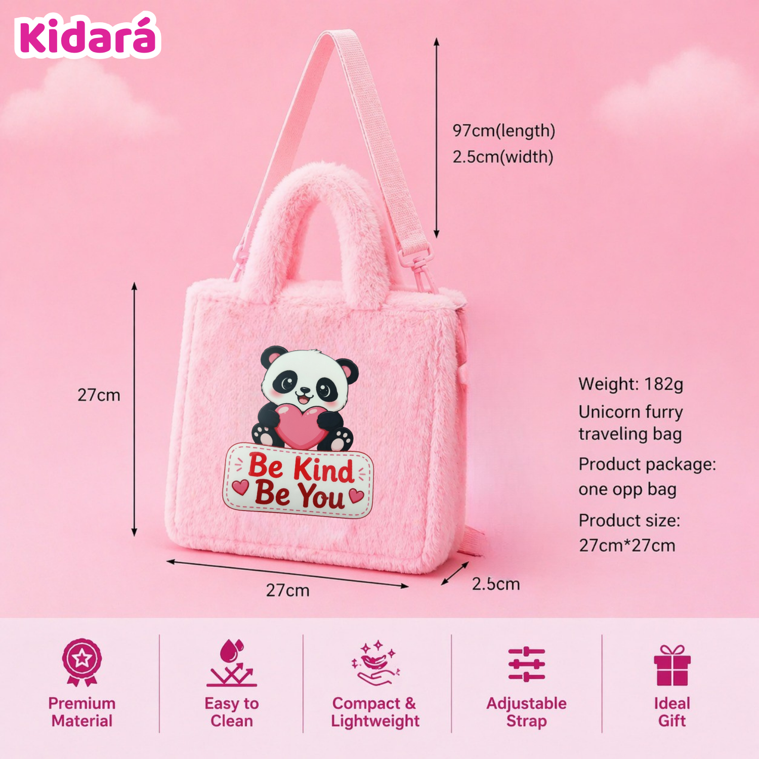 Kidara Sweet Heart Panda Fur Kids Sling Bag (Pink)