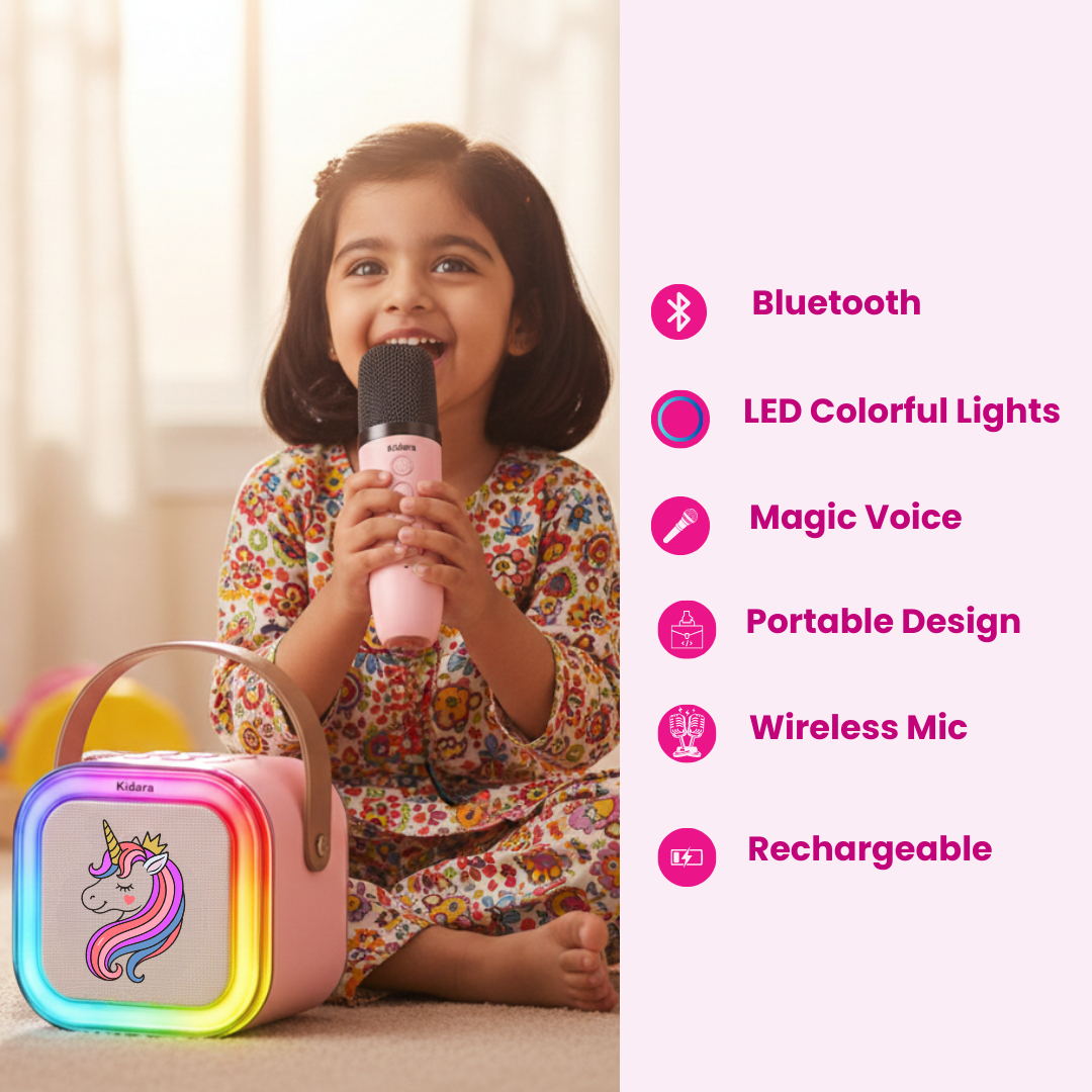 New Unicorn Themed Karaoke Speaker with Wireless Mic & LED Lights (Pink)