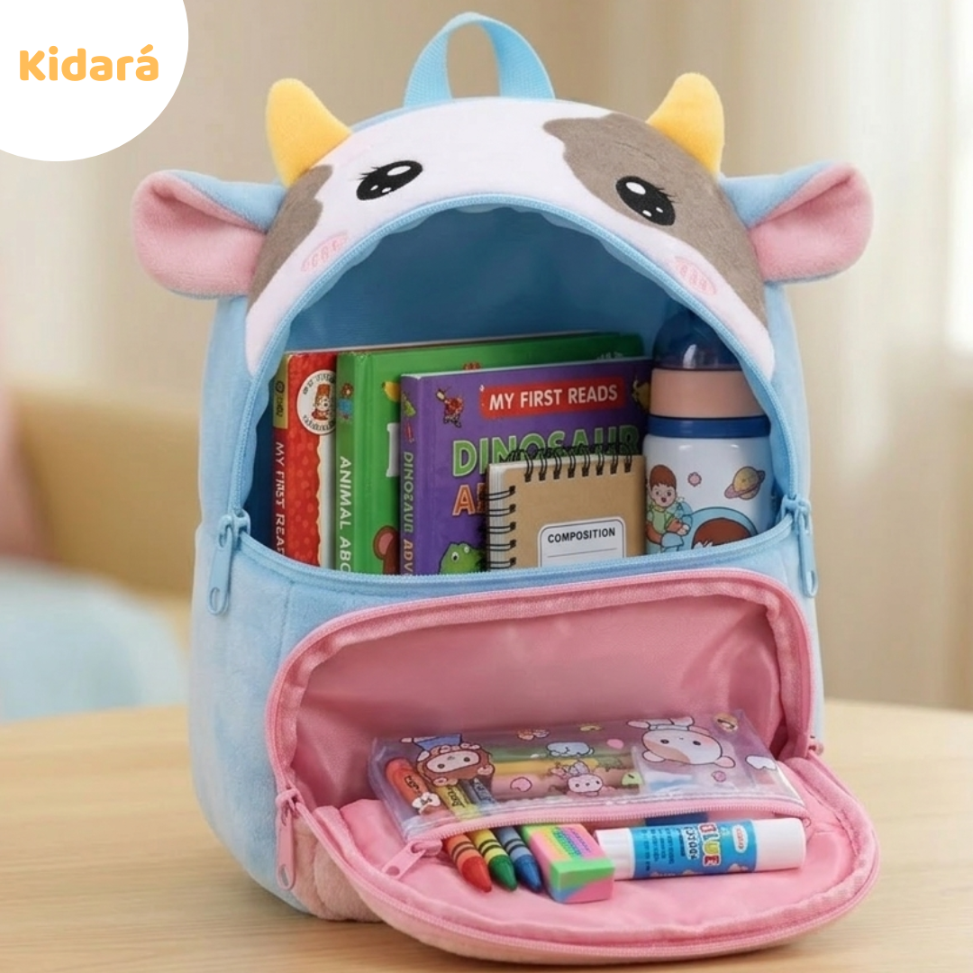 Kidara Preschool Soft Plush Cow Backpack for Toddlers (1-5 Years) – Mini Travel Full Embroidery Bag