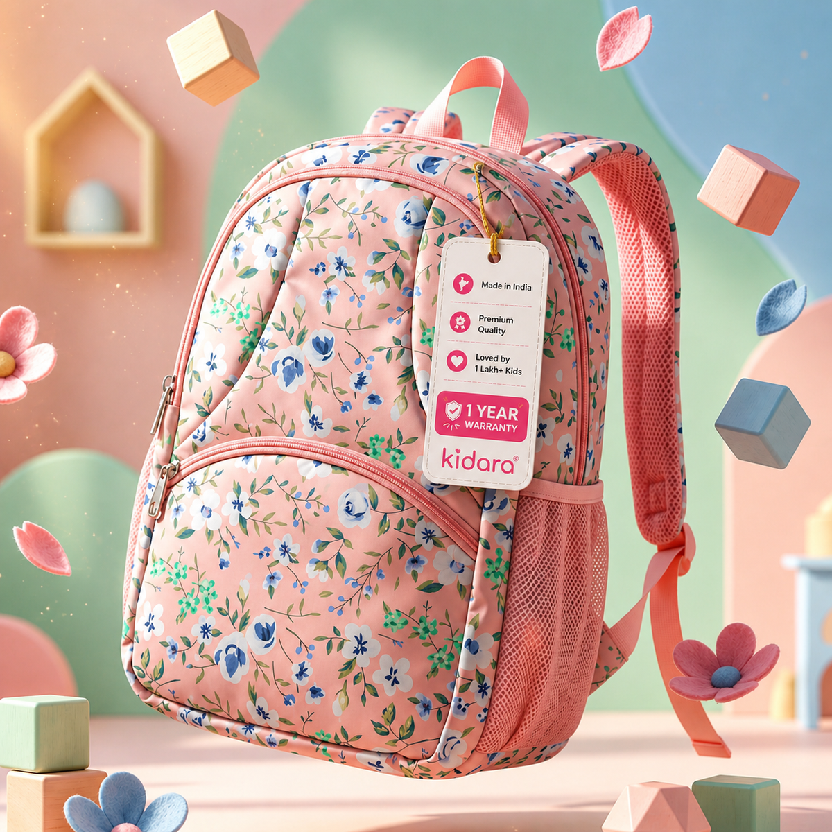 Kidara Kids Cute Floral Polyester School Bag (Peach)